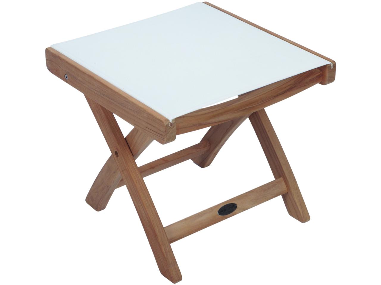 Wooden slatted outdoor table with a white top.