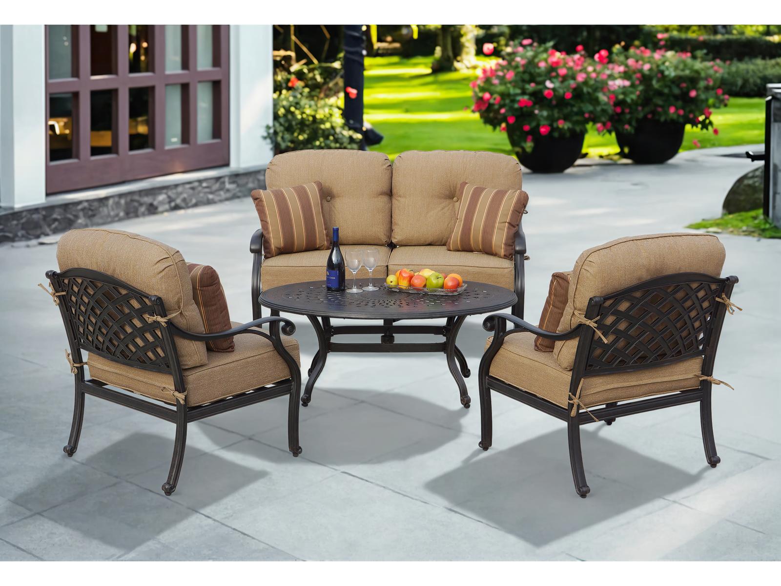 Darlee Outdoor Living Nassau Cast Aluminum Antique Bronze 4 Piece Lounge Set in Beige Canvas Cushions with 46''W x 31''D Oval Coffee Table