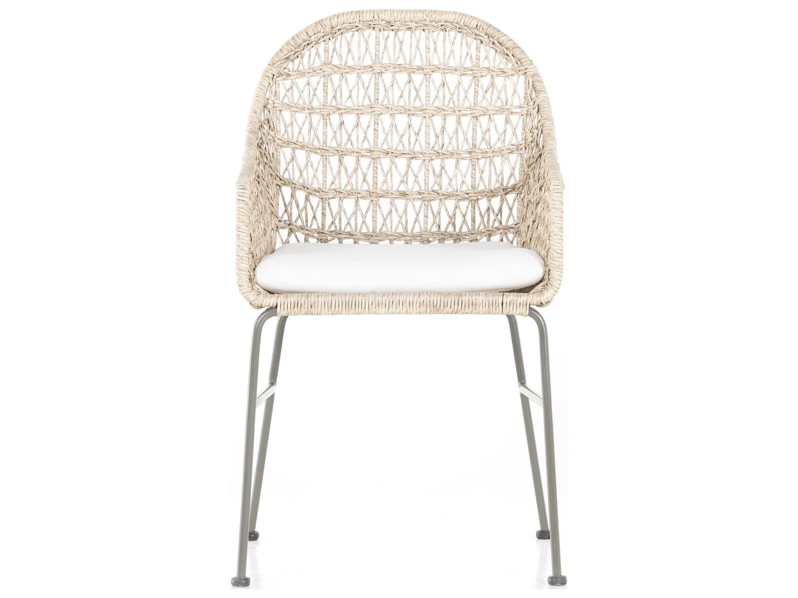 Four Hands Outdoor Grass Roots Vintage White / Grey Bronze Wrought Iron Dining Chair with Stinson White Cushion