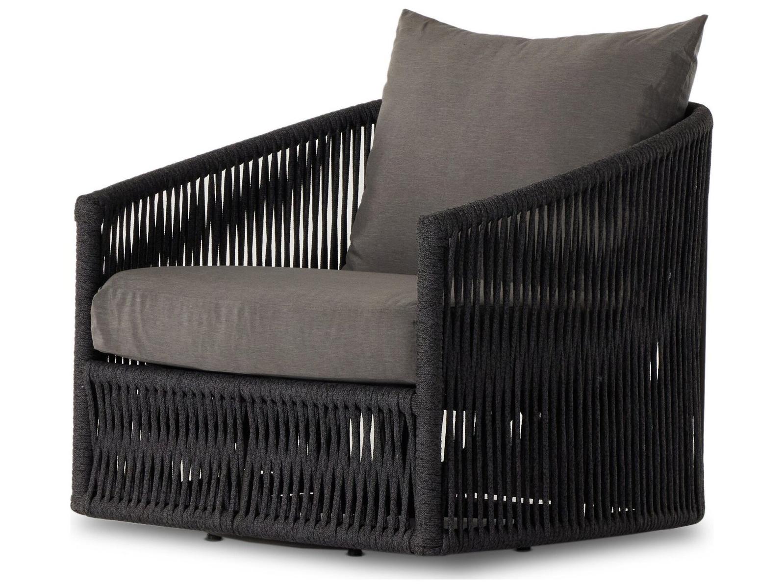 Four Hands Outdoor Solano Bronze / Thick Dark Grey Rope Swivel Lounge Chair with Venao Charcoal Cushion