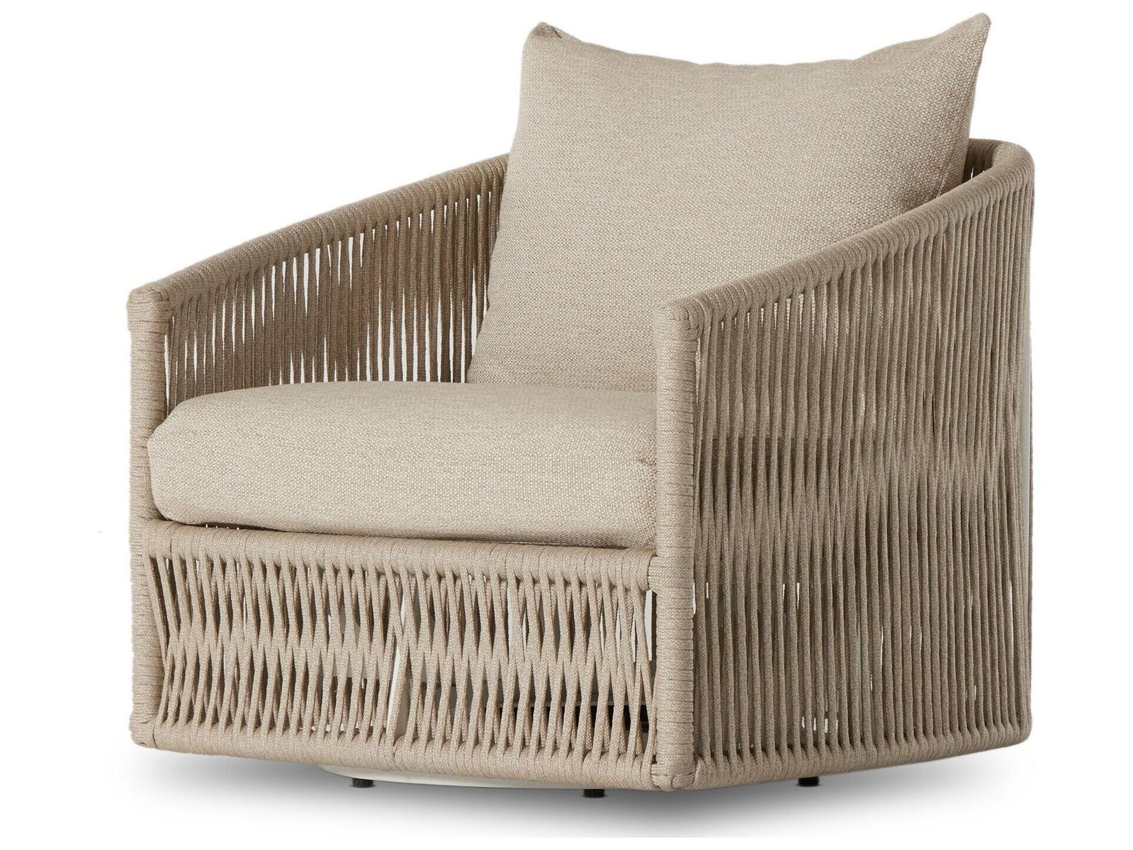 Four Hands Outdoor Solano White Aluminum / Ivory Rope Swivel Lounge Chair with Faye Sand Cushion
