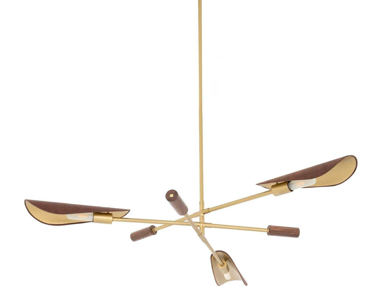 Four Hands Stockton 3-Light Dark Brown Leather Antique Brass LED Linear Chandelier