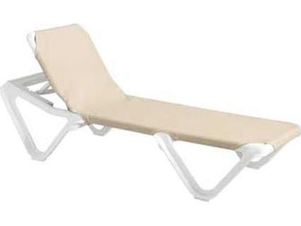 Grosfillex Nautical Sling Resin White Adjustable Outdoor Chaise Lounge in Khaki