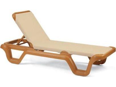 Grosfillex Marina Sling Resin Teakwood Adjustable Patio Chaise Lounge in Khaki