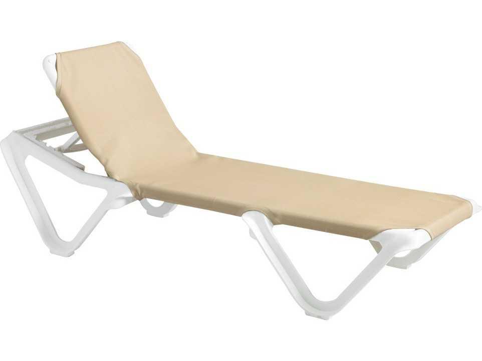 Grosfillex Nautical Sling Resin White Adjustable Outdoor Chaise Lounge in Khaki