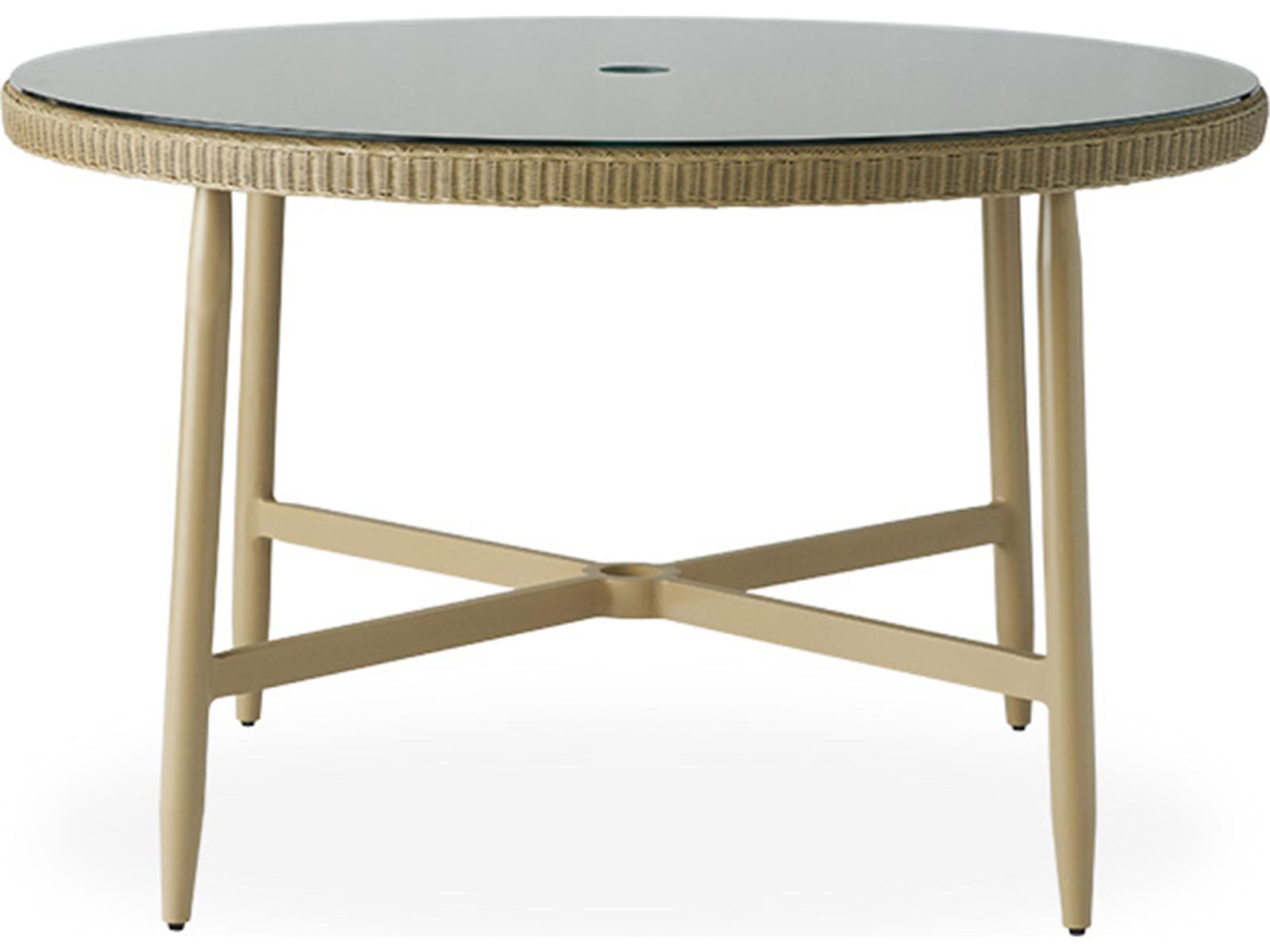 Lloyd Flanders Fairview Wicker Round Glass Top Patio Dining Table with Umbrella Hole