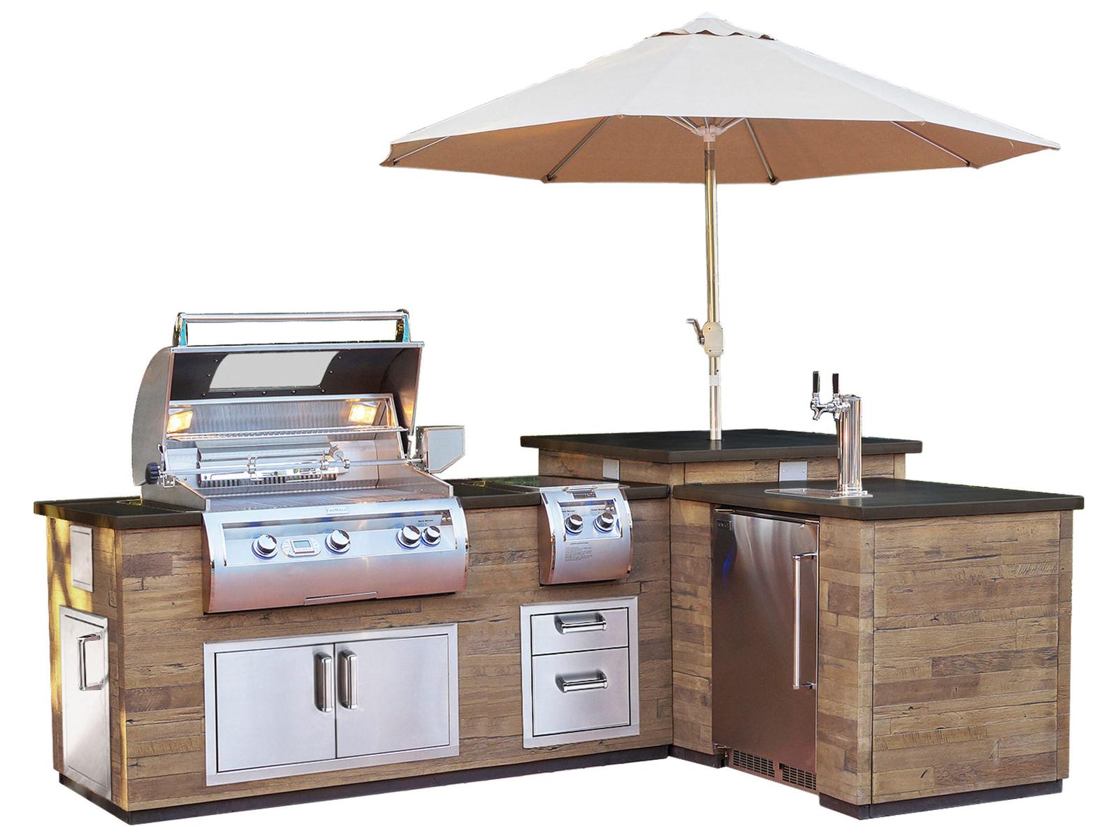 Fire Magic Pre-Fab L-Shaped Reclaimed Wood Island with Kegerator