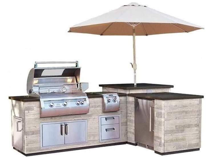 Fire Magic Pre-Fab L-Shaped Reclaimed Wood S.P. Island with Refrigerator