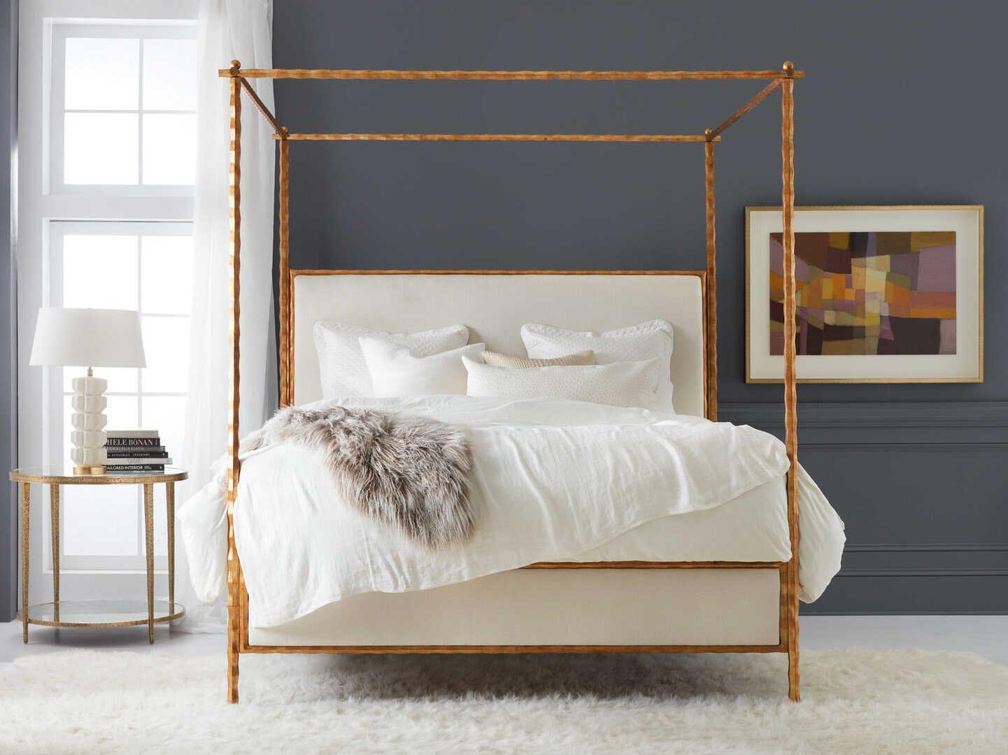 Modern History Home Organic Gold Upholstered King Canopy Bed Bedroom Set