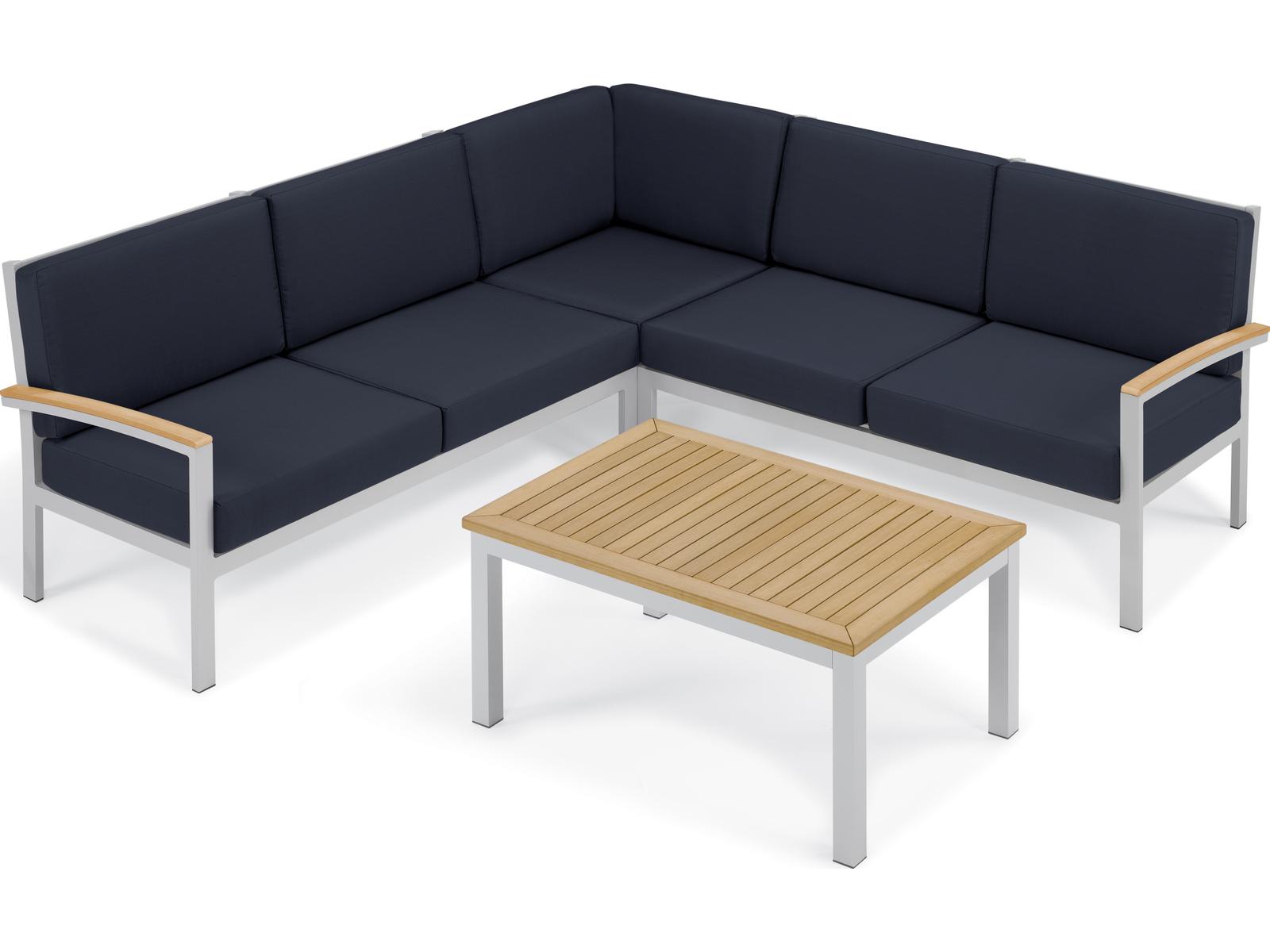 Oxford Garden Travira Aluminum Flint 6 Piece Sectional Outdoor Patio Lounge Set with Midnight Blue Cushions