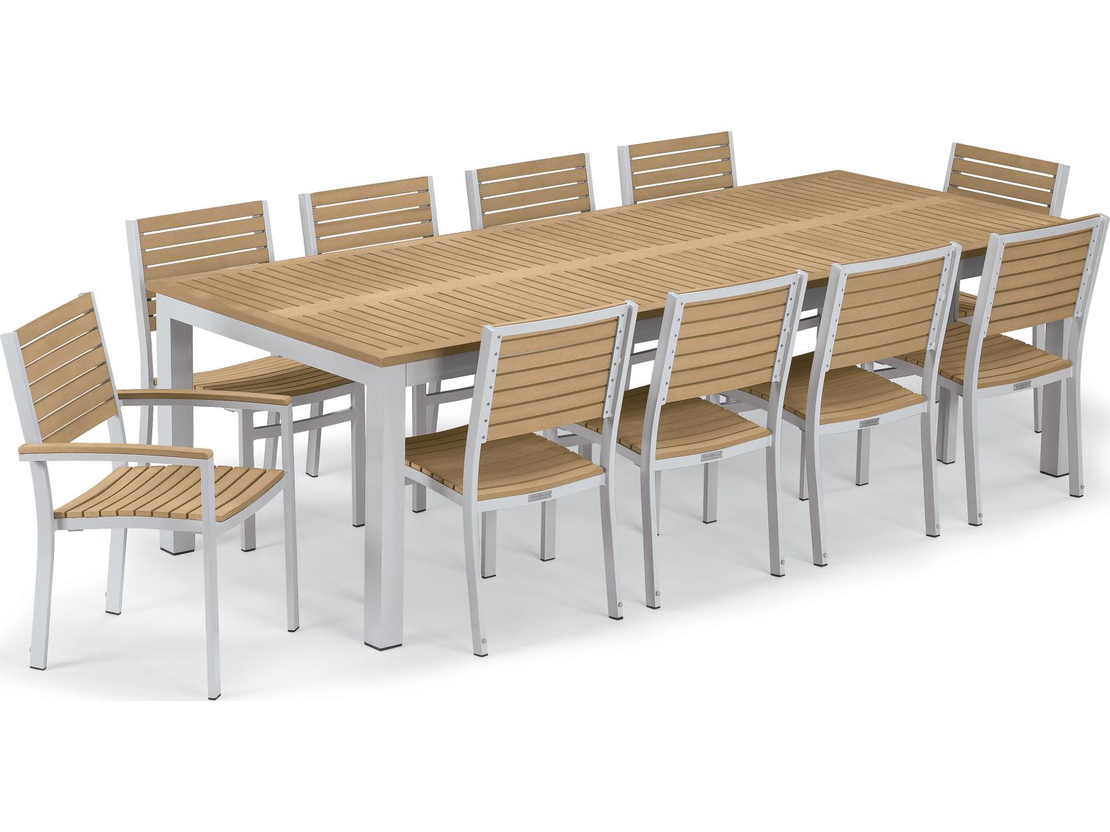 Oxford Garden Travira 11-Piece 103''x42'' Table and Slat Chair Outdoor Patio Dining Set - Powder Coated Aluminum Frame - Tekwood Natural