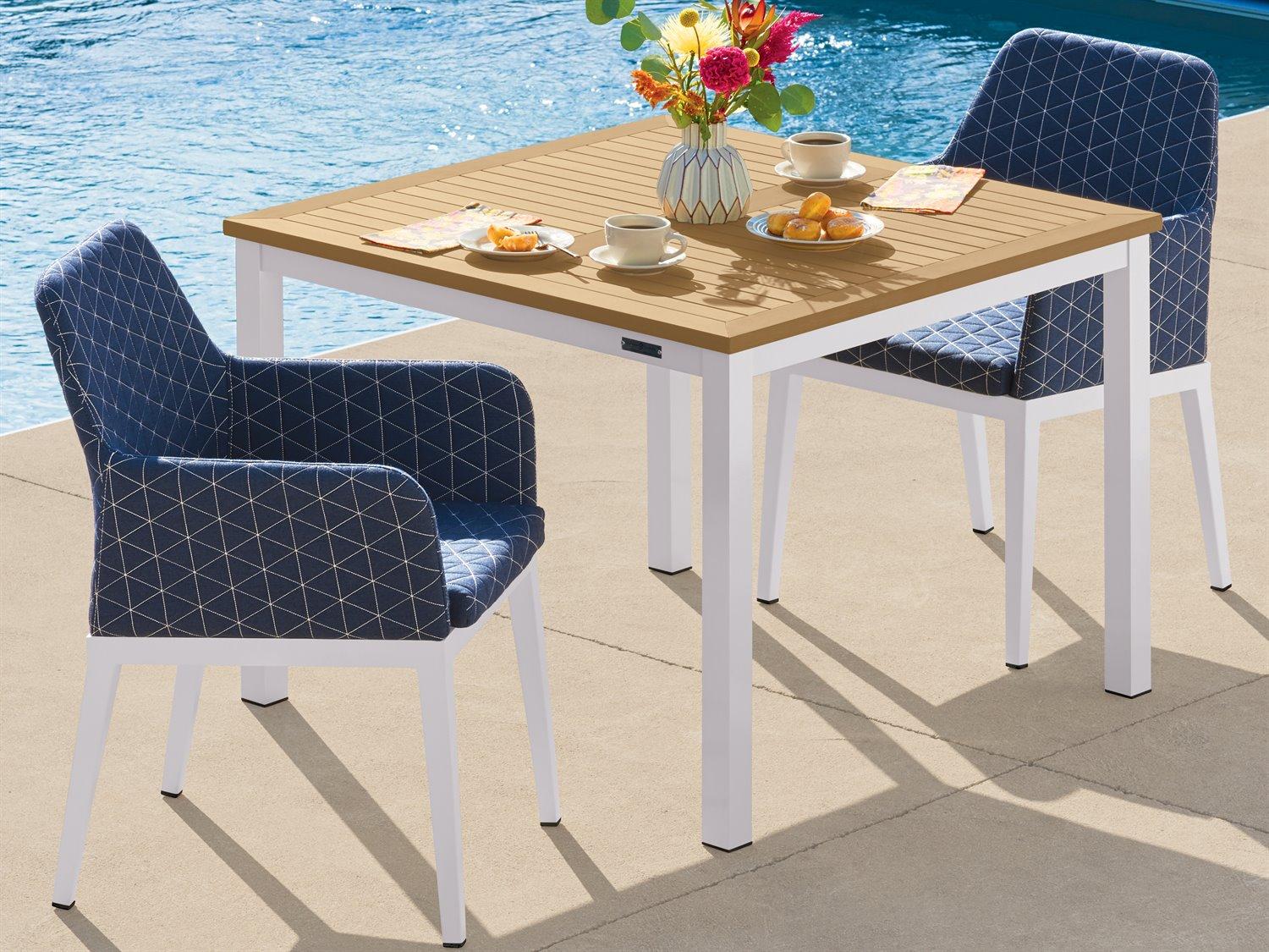 Oxford Garden Oland Aluminum Chalk 3 Piece Patio Dining Set with Spectrum Indigo Cushions
