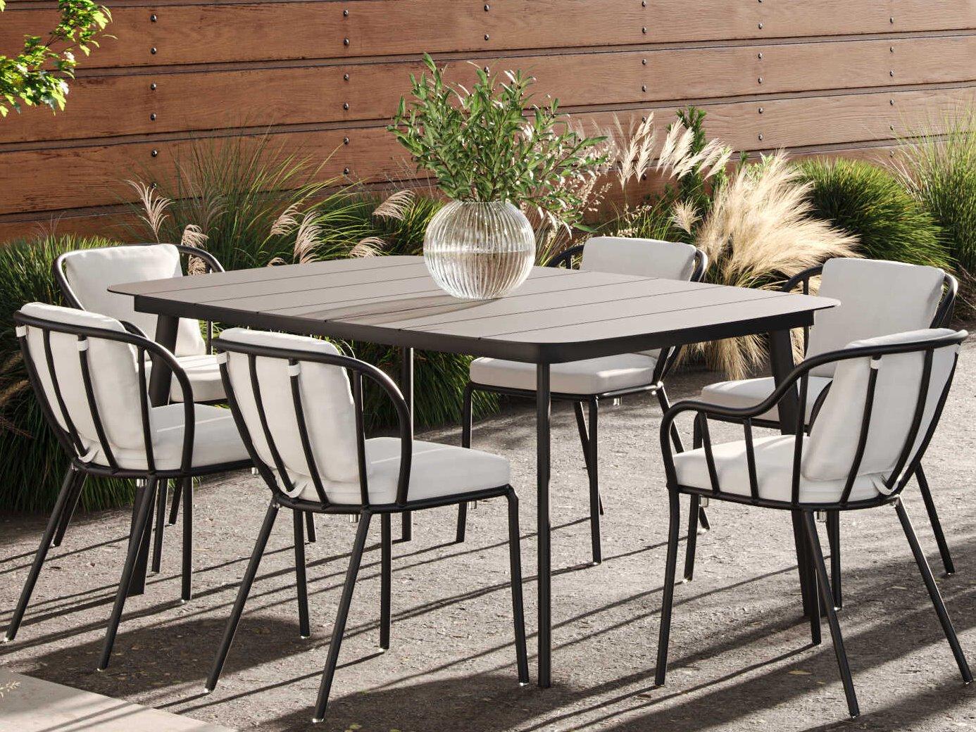 Oxford Garden Eiland Aluminum Carbon 7 Piece 63'' Rectangular Outdoor Patio Dining Set with Bliss Linen Cushion