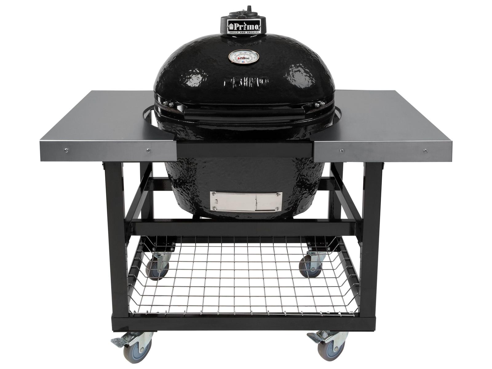 Primo Oval Large Charcoal Grill with Stainless Steel Cart and Shelves