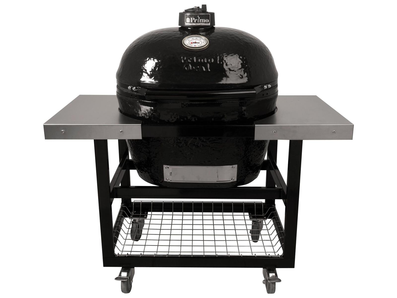Primo Oval XL Charcoal Grill with Stainless Steel Cart with Shelves