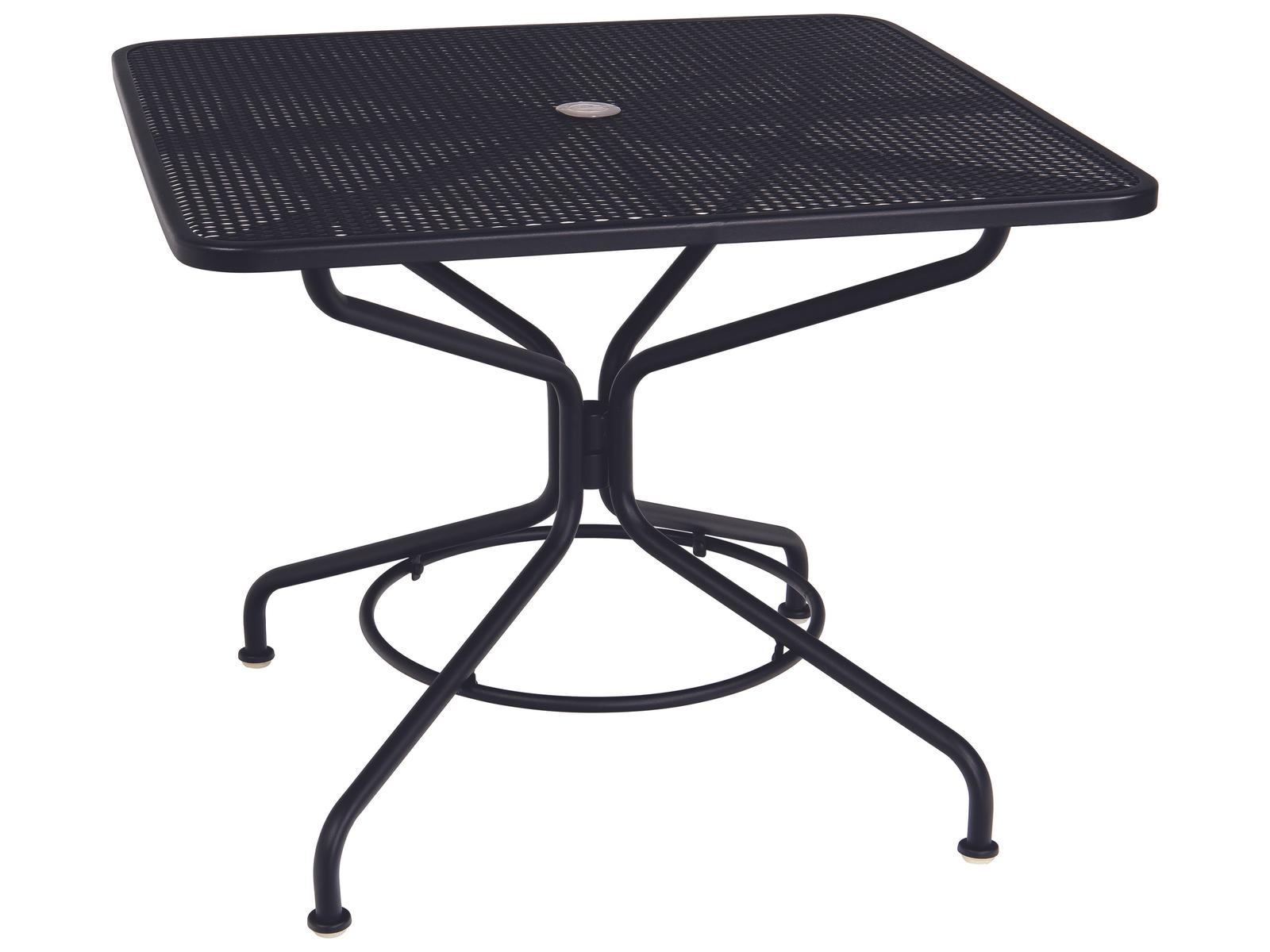 Woodard Mesh Wrought Iron Square Patio Dining Table with Umbrella Hole Textured Black