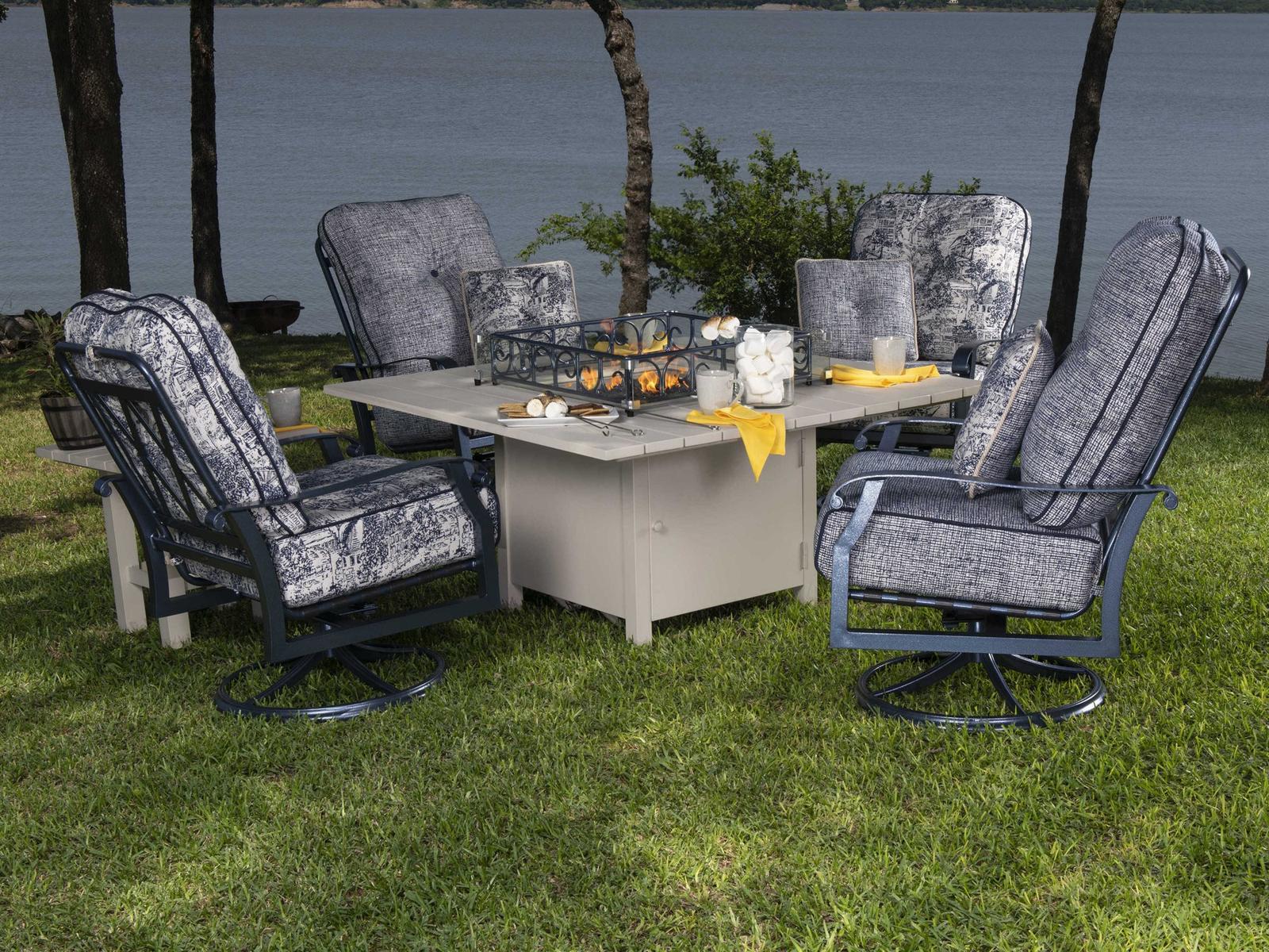 Woodard Cortland Cushion Aluminum Fire Pit Outdoor Lounge Set