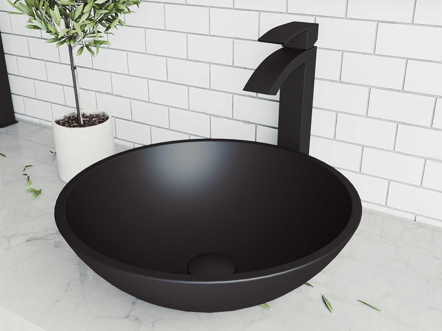 Vigo Cavalli Matte Shell 15" Round Vessel Bathroom Sink with Matte Black 1-Handle Duris Faucet and Pop-Up Drain