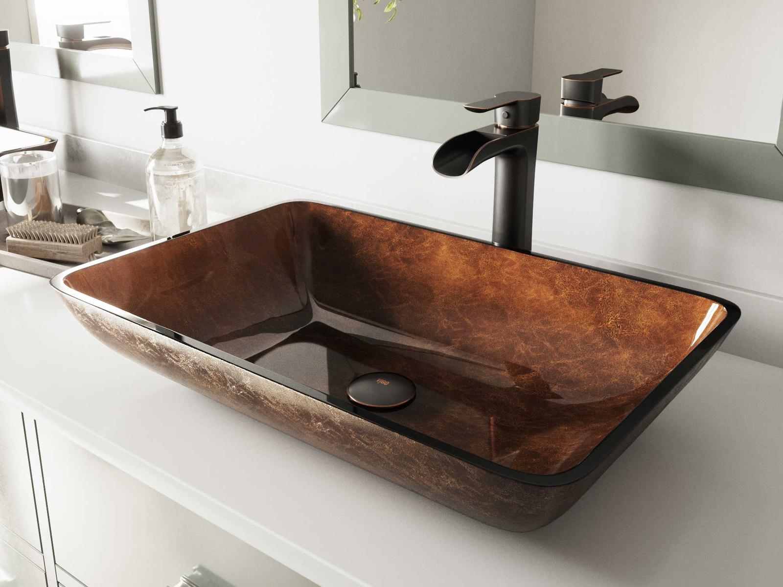 Vigo Russet Rich Chocolate Brown 23" Rectangular Vessel Bathroom Sink with Antique Rubbed Bronze 1-Lever Niko Faucet and Drain