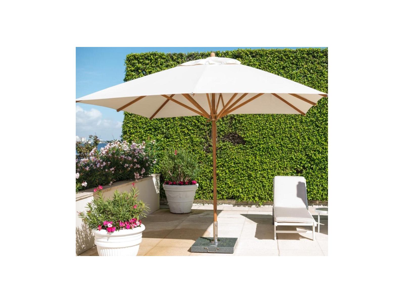 10 rectangular patio umbrella FIM Flexy Aluminum 10' x 14' Offset coated steel pole paired with 6 heavy Bambrella Levante 10' Market Umbrella;