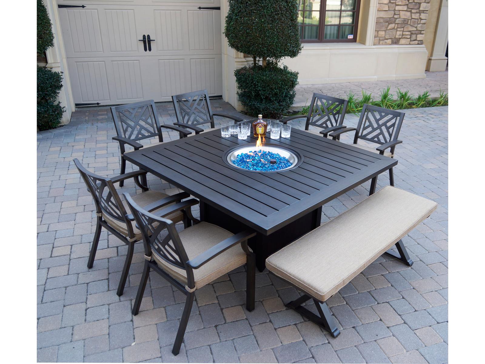 Darlee Outdoor Living Brooklyn Aluminum 8-Piece Dining Set with 60" Square Propane Fire Pit Dining Table