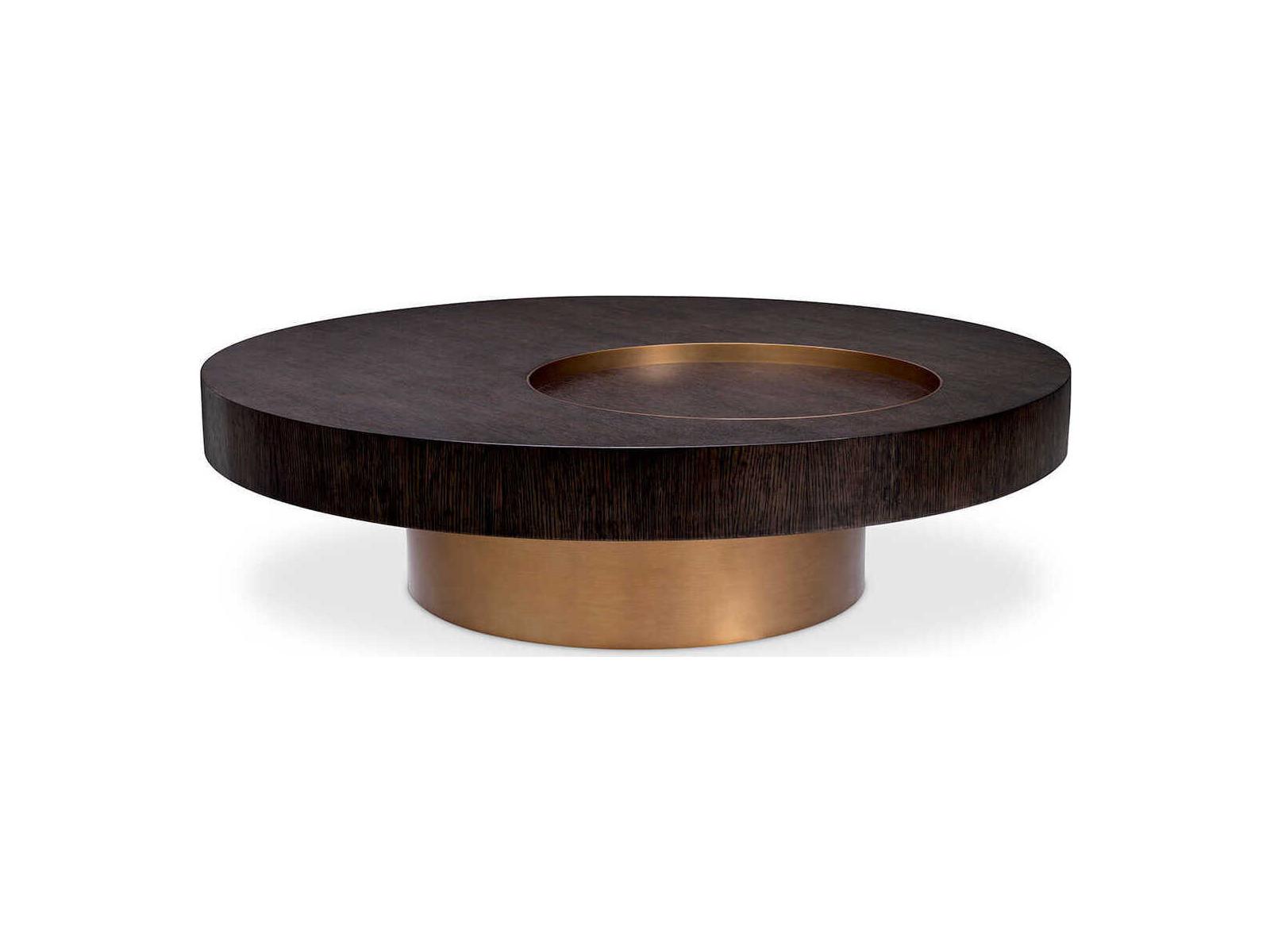 Eichholtz Otus Round Mocha Oak Veneer Brushed Brass Coffee Table