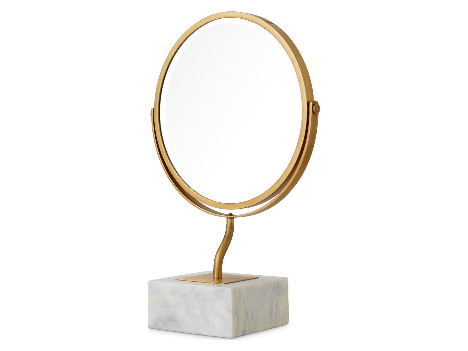 Eichholtz White Marble Base X Vintage Brass Dresser Mirror Round