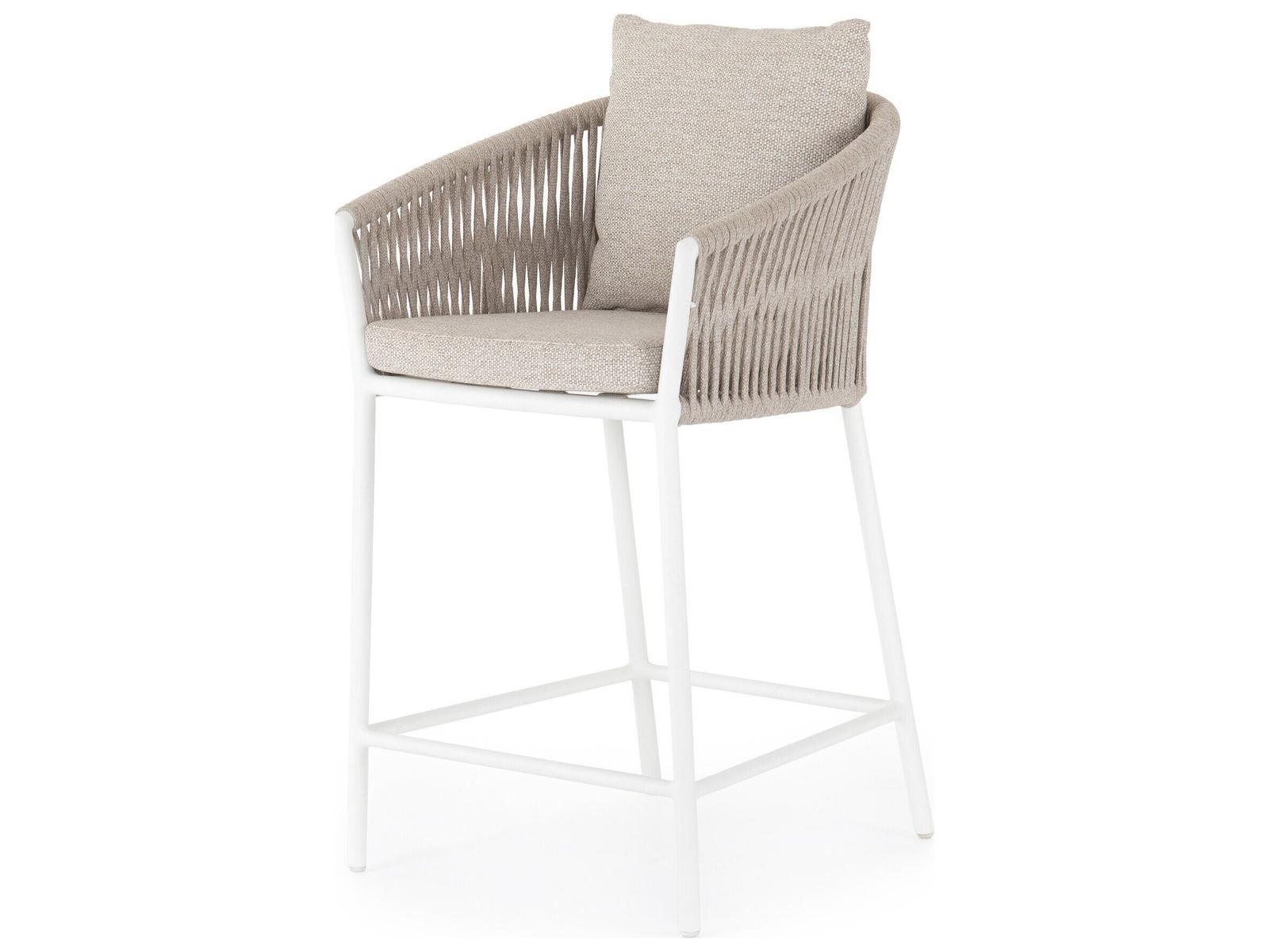 Four Hands Outdoor Solano White Aluminum Ivory Rope Resin Counter Stool with Faye Sand Cushion