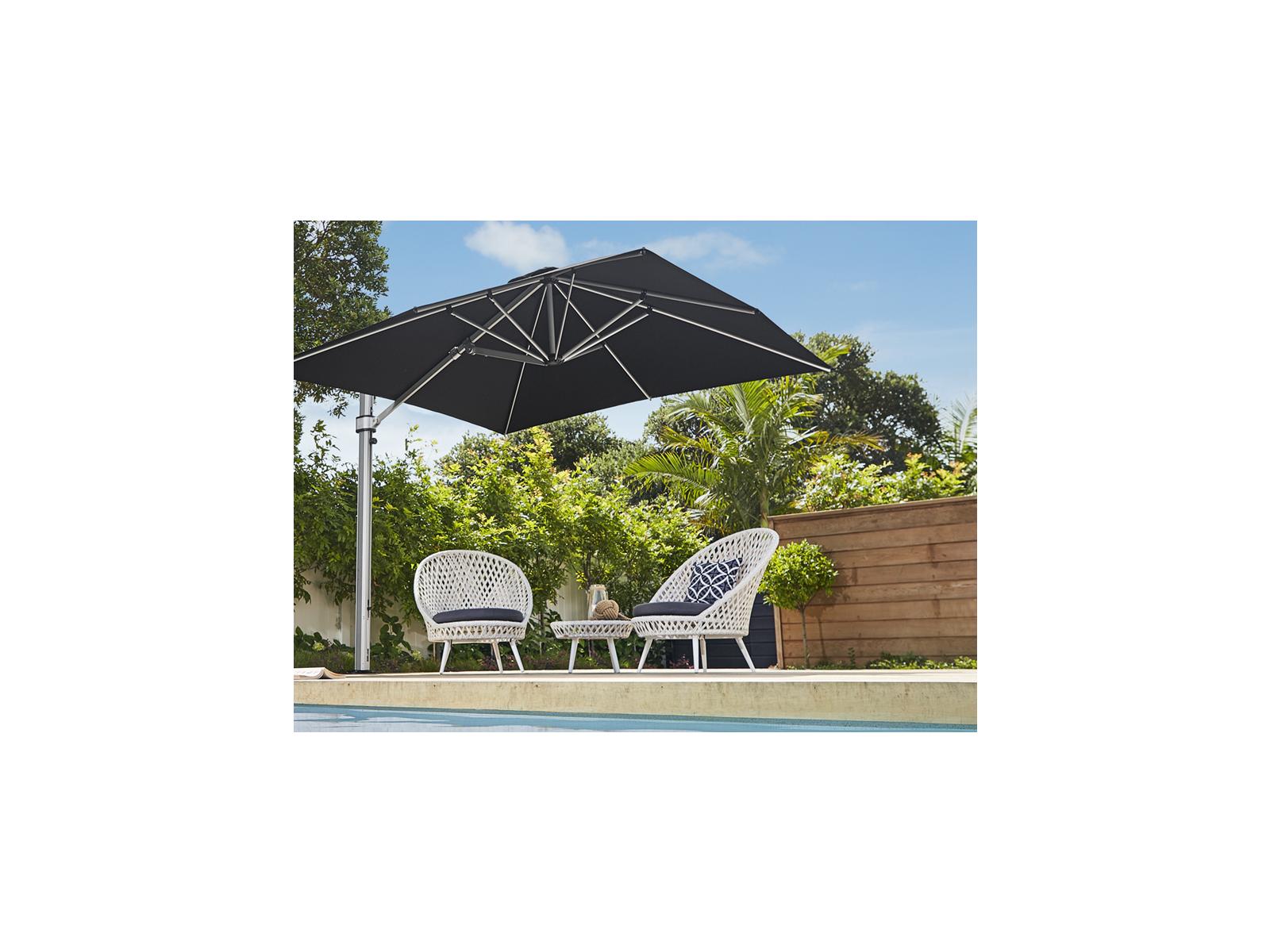 10 foot square cantilever patio umbrella 10'x10' With Base by Galtech KEY DETAILS Aluminum pole JEAREY 10-ft Aluminum White Crank