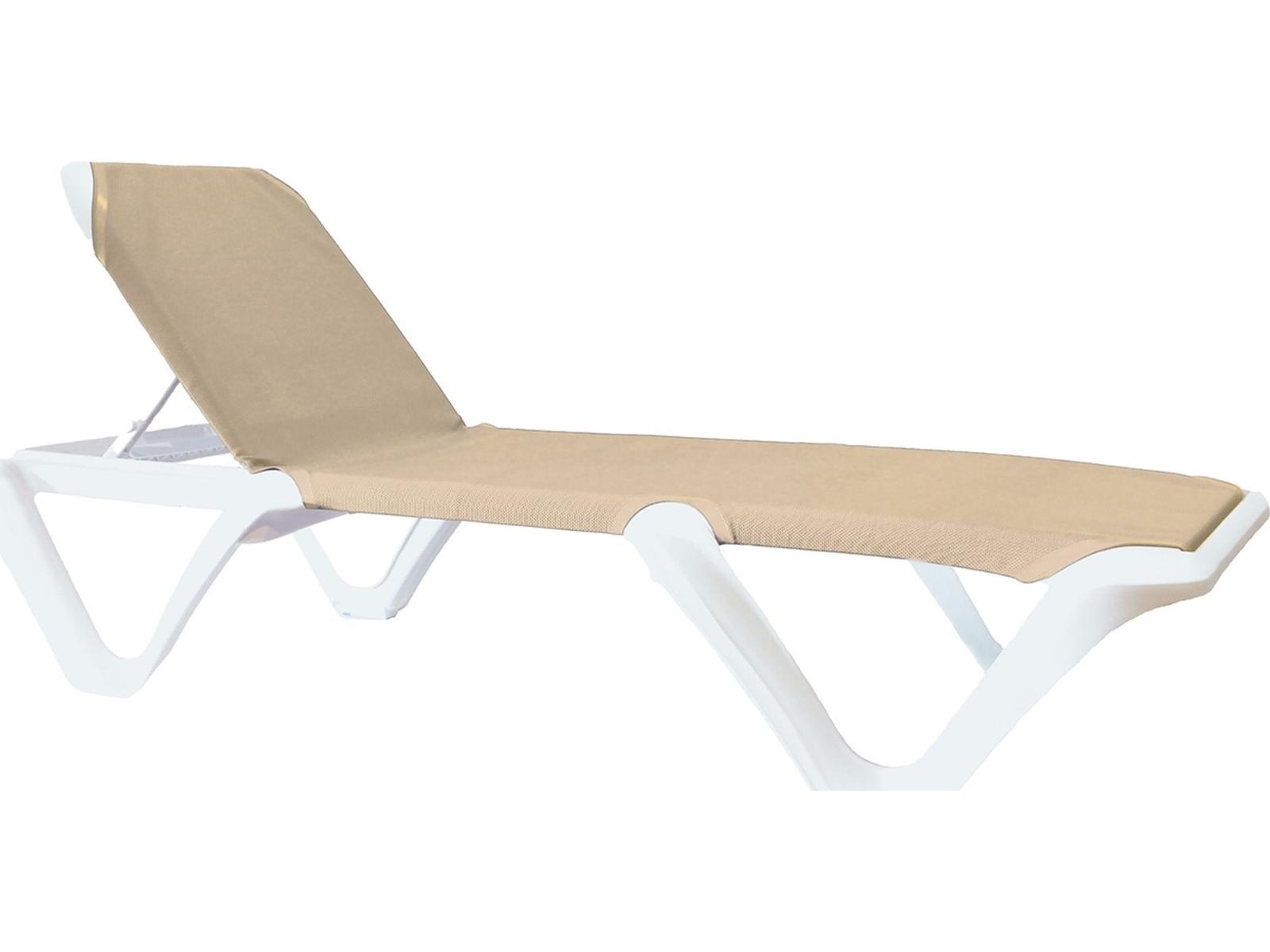 Grosfillex Nautical Pro Sling White Stacking Adjustable Outdoor Chaise Lounge in Khaki