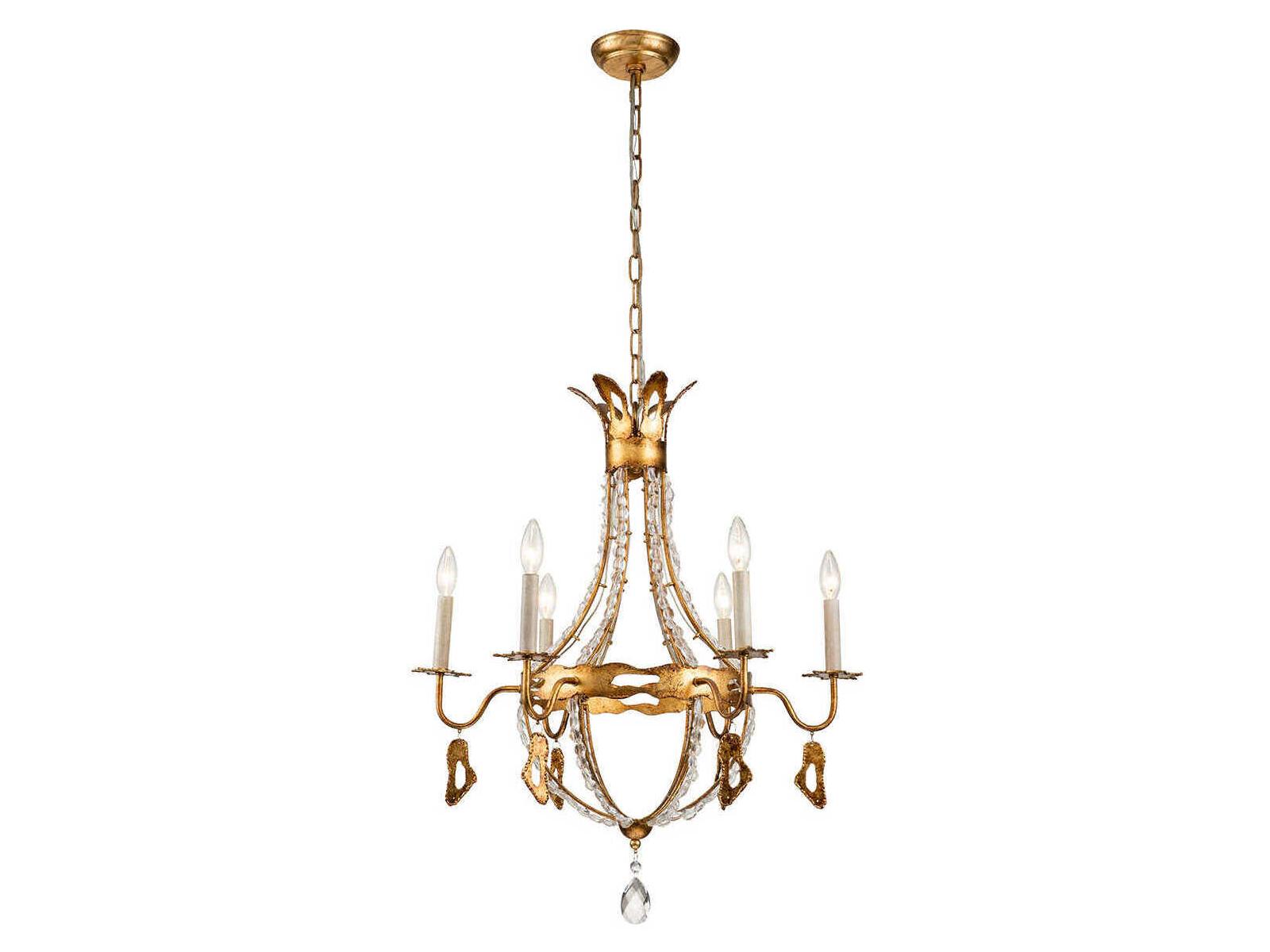 Lucas McKearn Monteleone 6-Light Gold Leaf Antique Crystal Glass Candelabra Chandelier