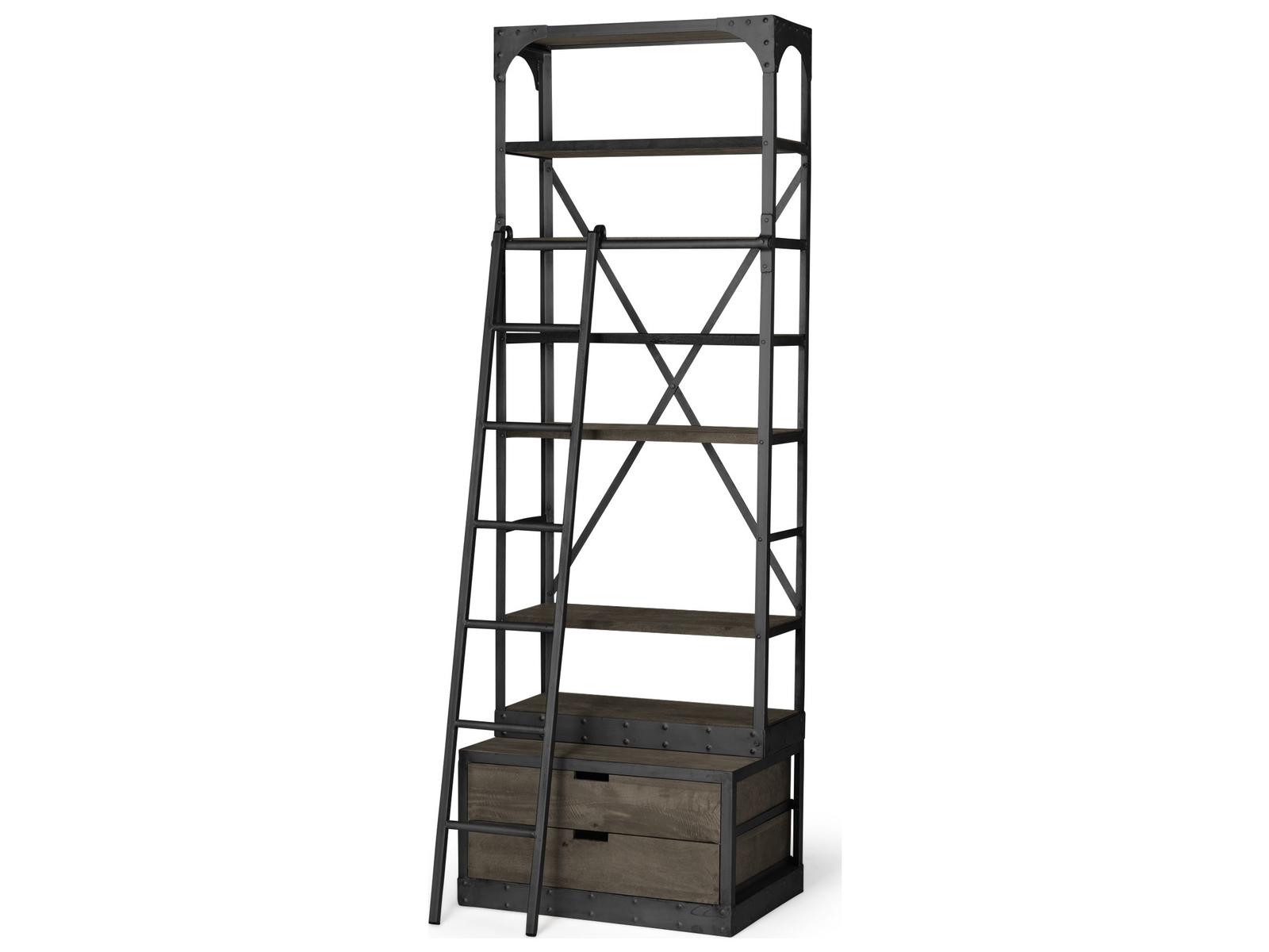 Mercana Brodie VII 32L x 22W x 94H Brown Wood Gun-Metal Bracing Four Shelf Shelving Unit