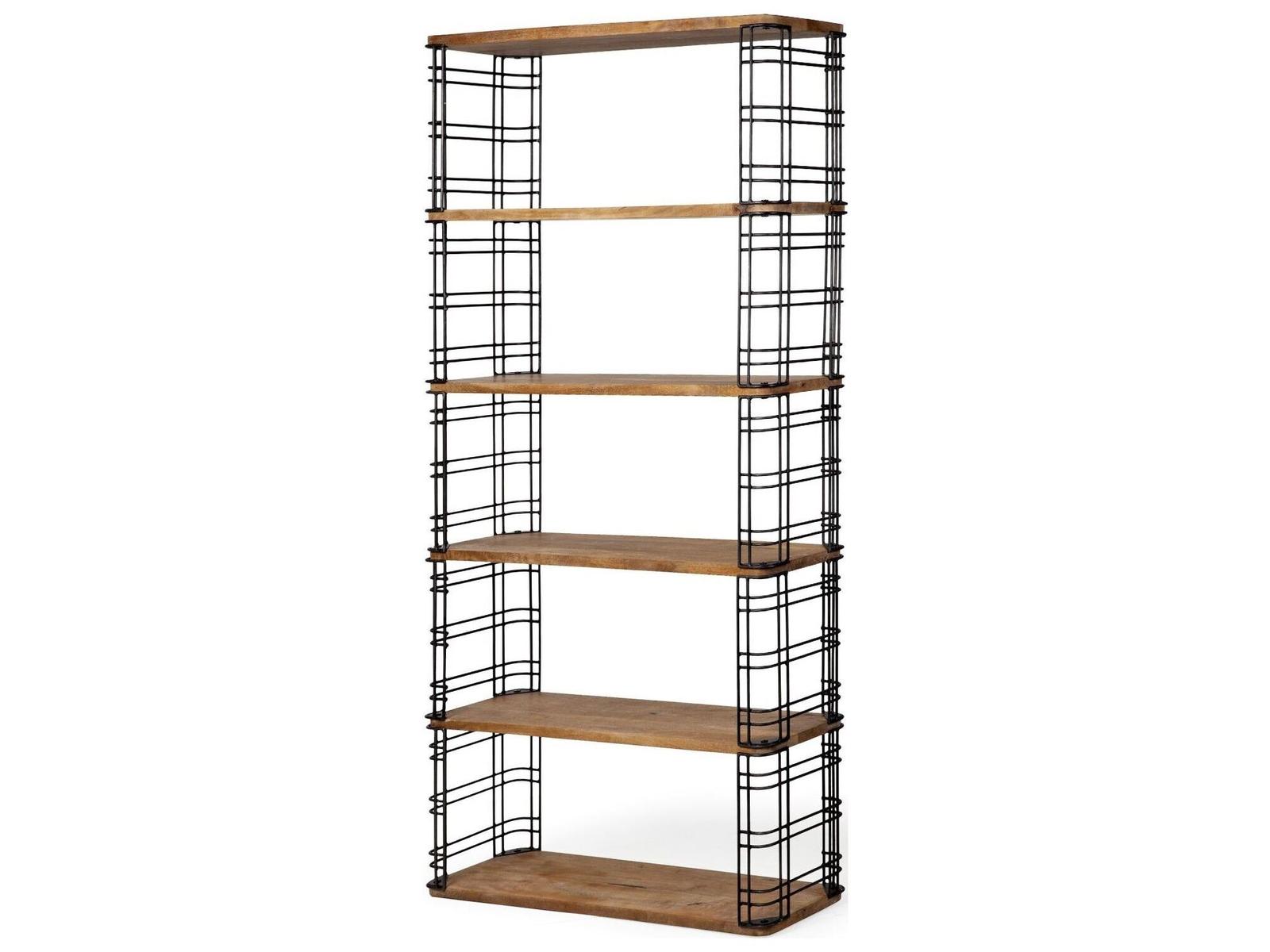 Mercana Bradie I 40L x 12W x 79H Brown Wood and Metal Frame Six Shelf Shelving Unit