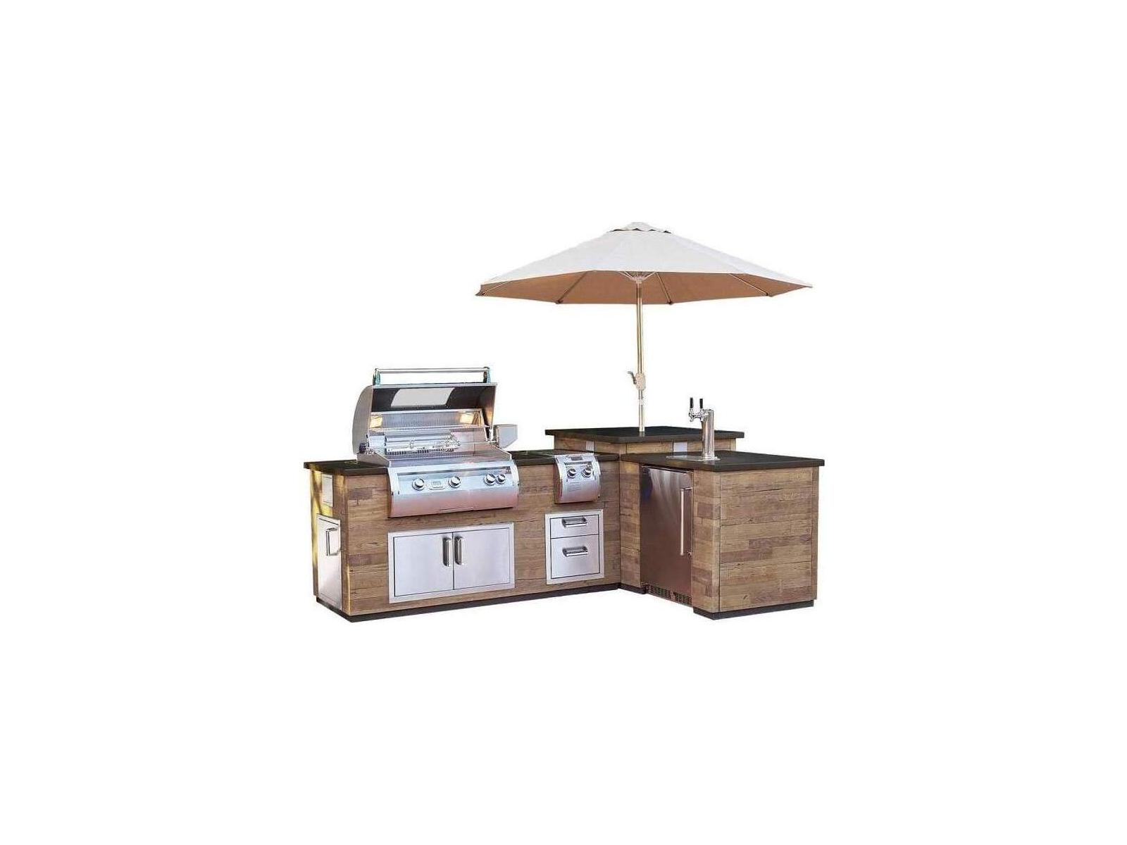 Fire Magic Pre-Fab L-Shaped Reclaimed Wood Island with Refrigerator