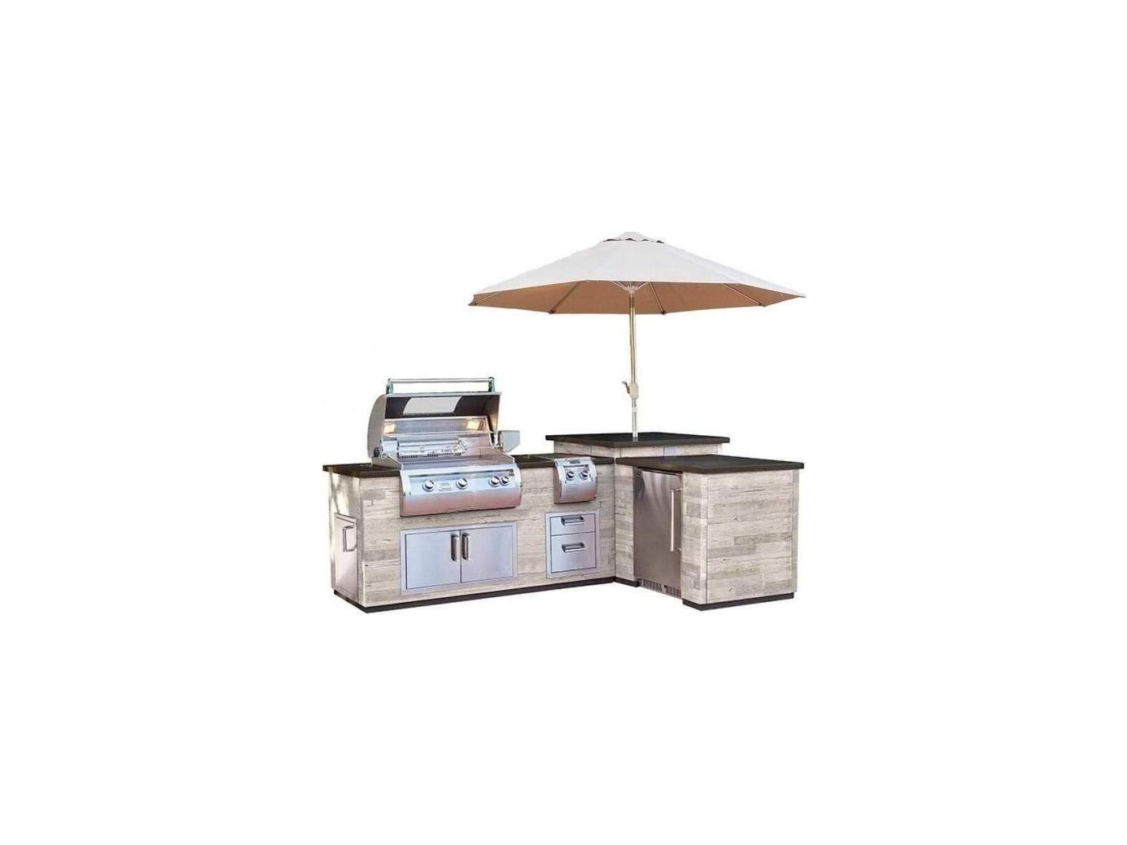 Fire Magic Pre-Fab L-Shaped Reclaimed Wood S.P. Island with Refrigerator