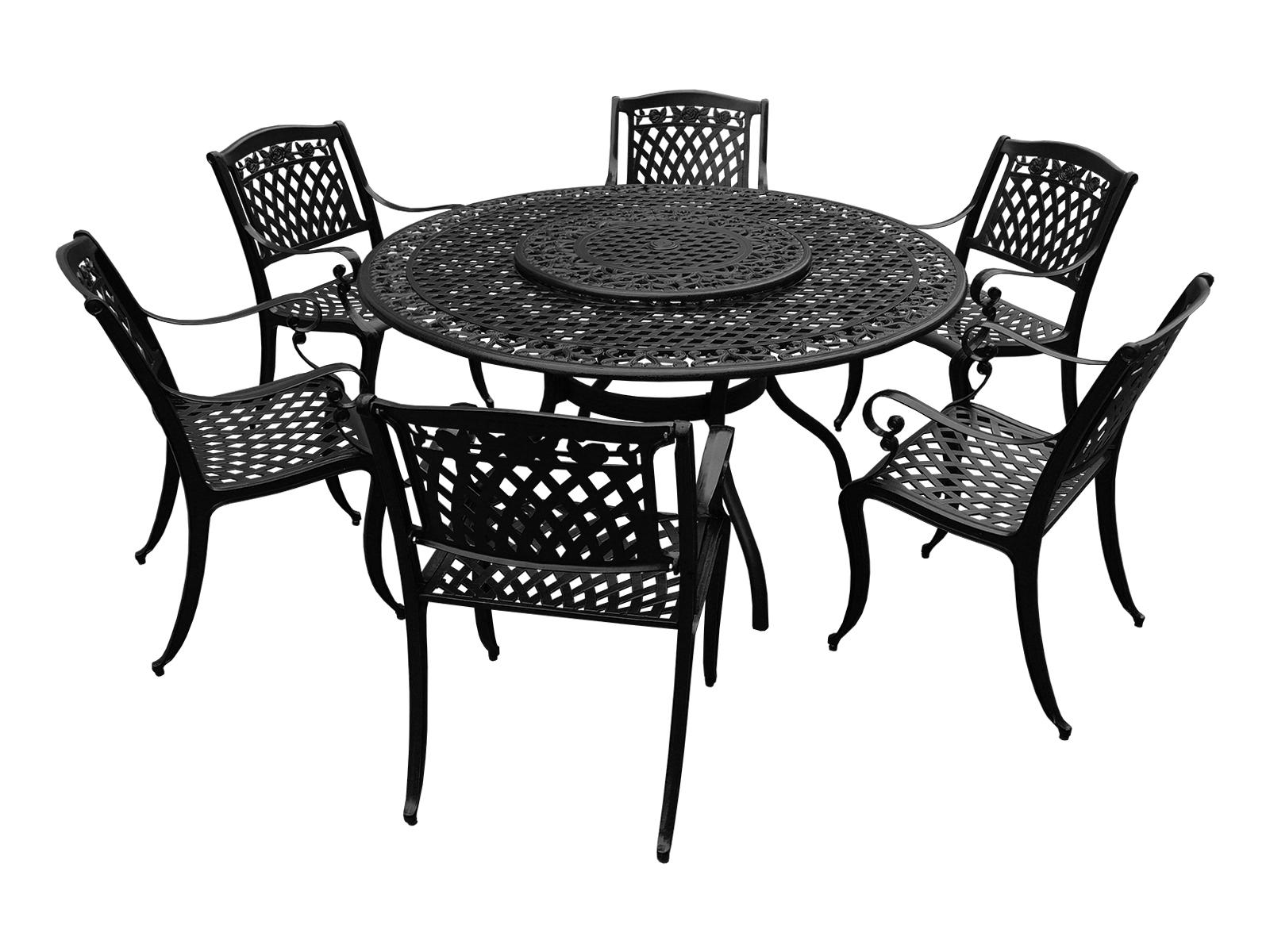 Oakland Living Modern Aluminum 59'' Large Black Round Outdoor Dining Set with Lazy Susan and Six Chairs