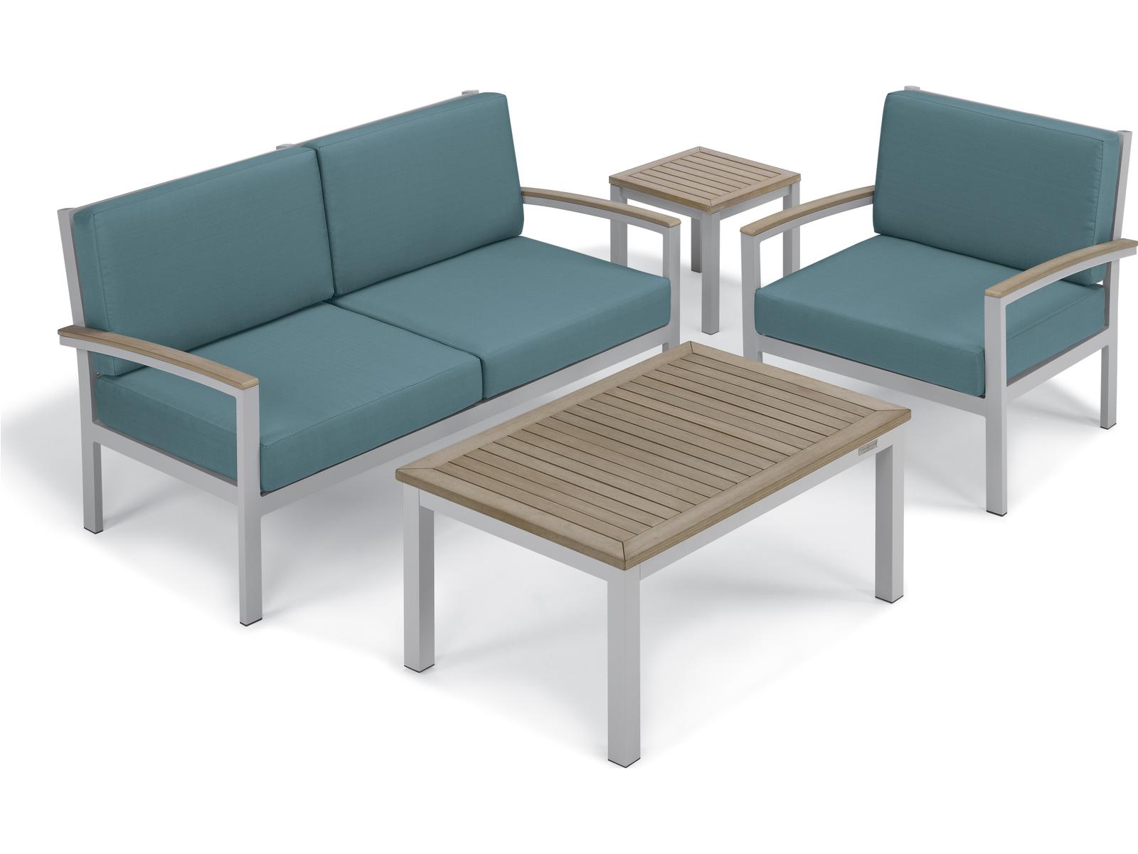 Oxford Garden Travira Aluminum Flint 4 Piece Outdoor Lounge Set with Ice Blue Cushions