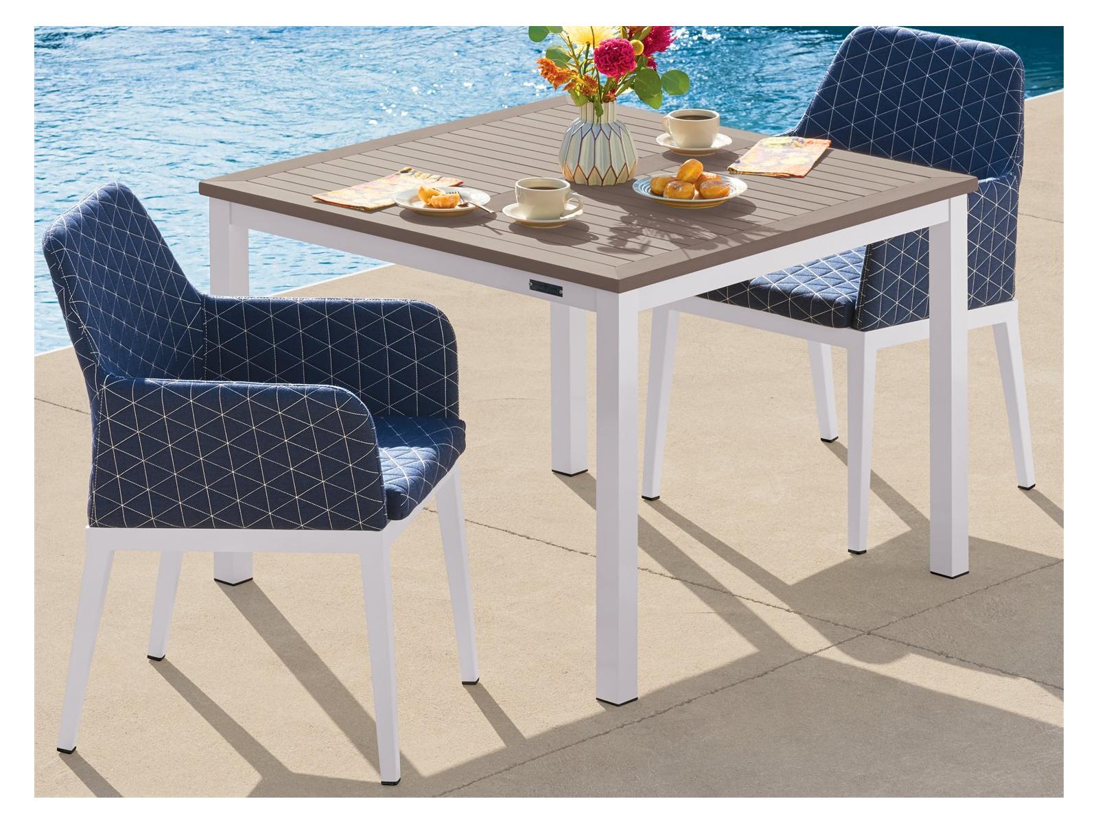 Oxford Garden Oland Aluminum Chalk 3 Piece Outdoor Dining Set with Spectrum Indigo Cushions