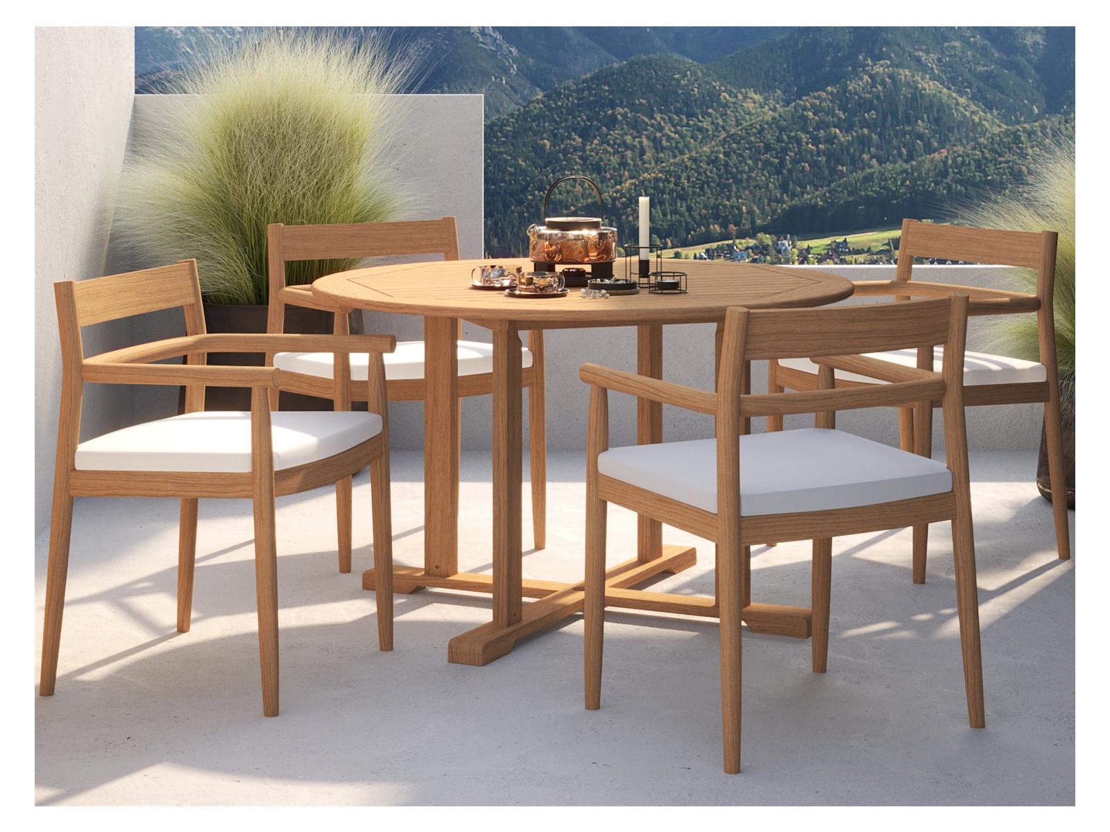 Oxford Garden Lido Teak Natural 5 Piece Outdoor Dining Set with Sunbrella Bliss Linen Cushions
