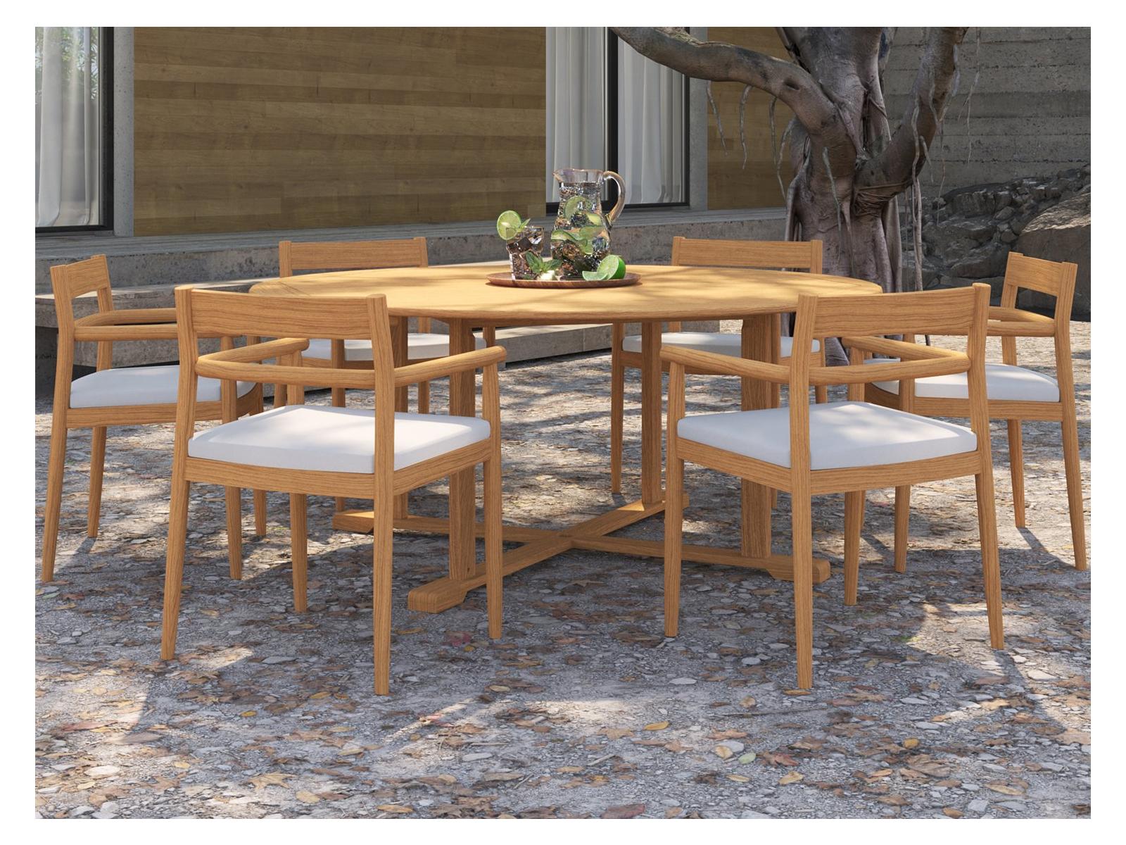 Oxford Garden Lido Teak Natural 7 Piece Outdoor Patio Dining Set with Sunbrella Bliss Linen Cushions