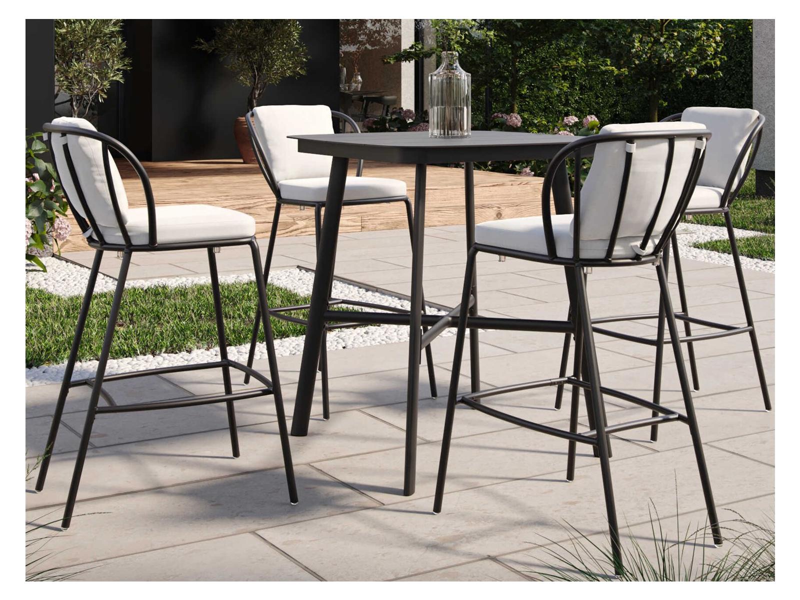 Oxford Garden Eiland Aluminum Carbon 5 Piece 36'' Square Bar Set with Bliss Linen Cushion