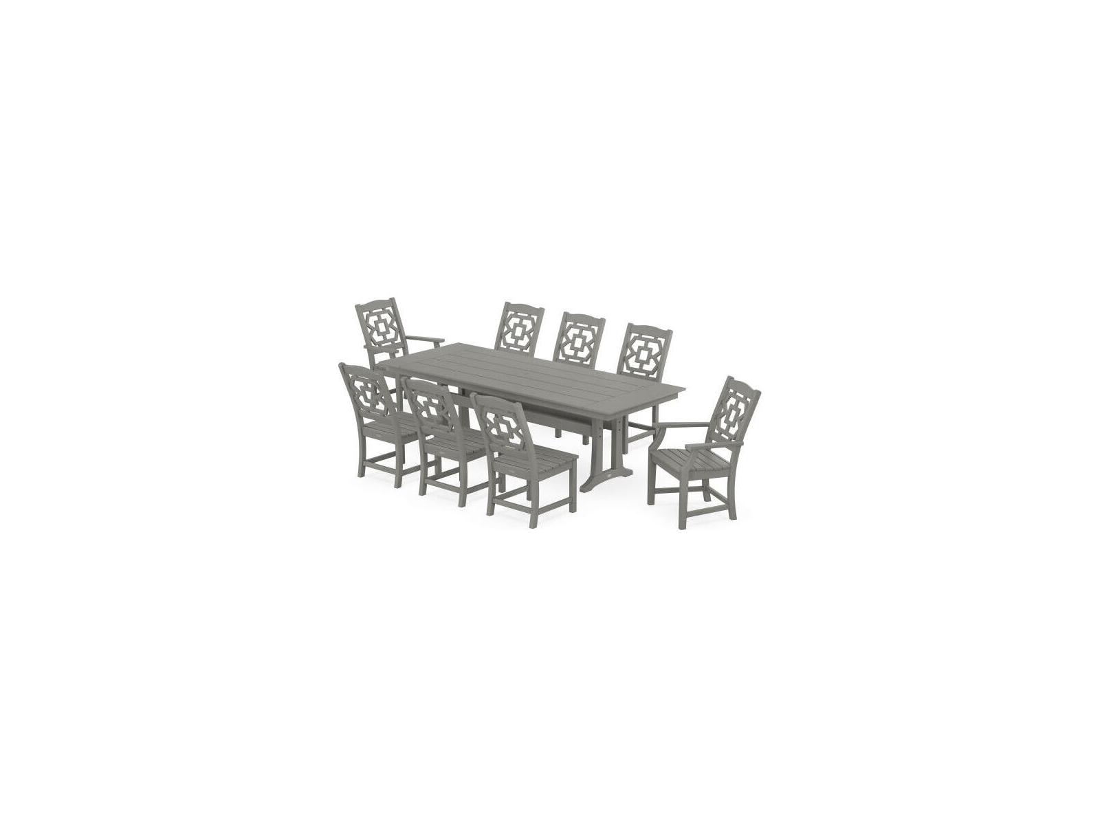 POLYWOOD® Martha Stewart Chinoiserie 9-Piece Farmhouse Patio Dining Set with Trestle Legs