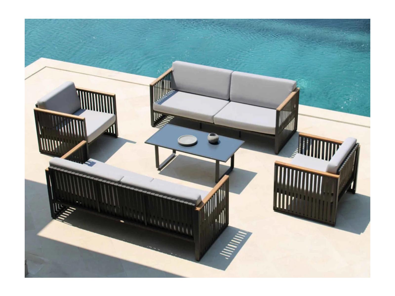 Skyline Design Horizon Dark Gray Strap Teak Arm Aluminum Cushion Lounge Set