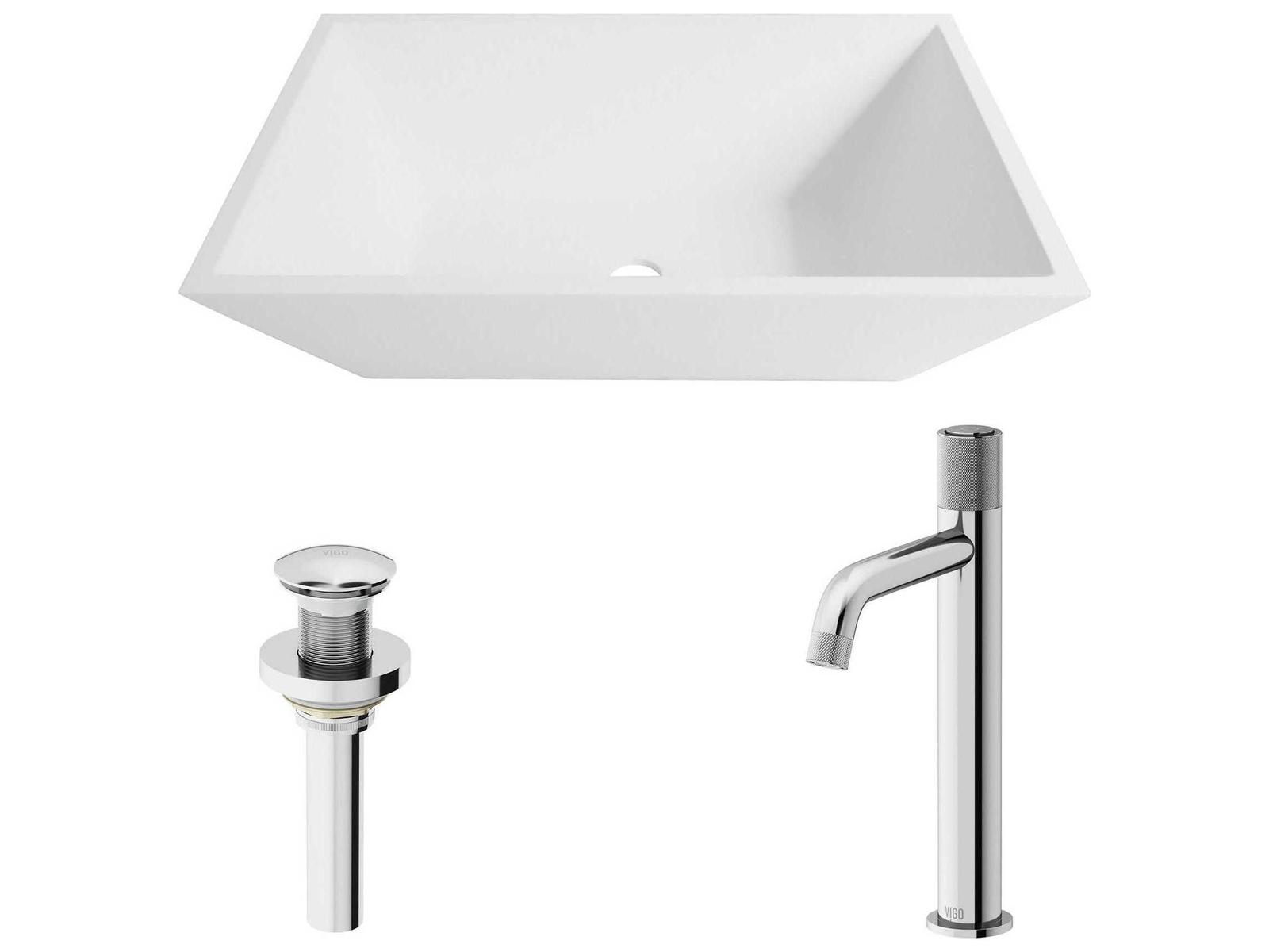 Vigo Vinca Rectangular Vessel Bathroom Sink with Apollo Faucet and Pop-Up Drain