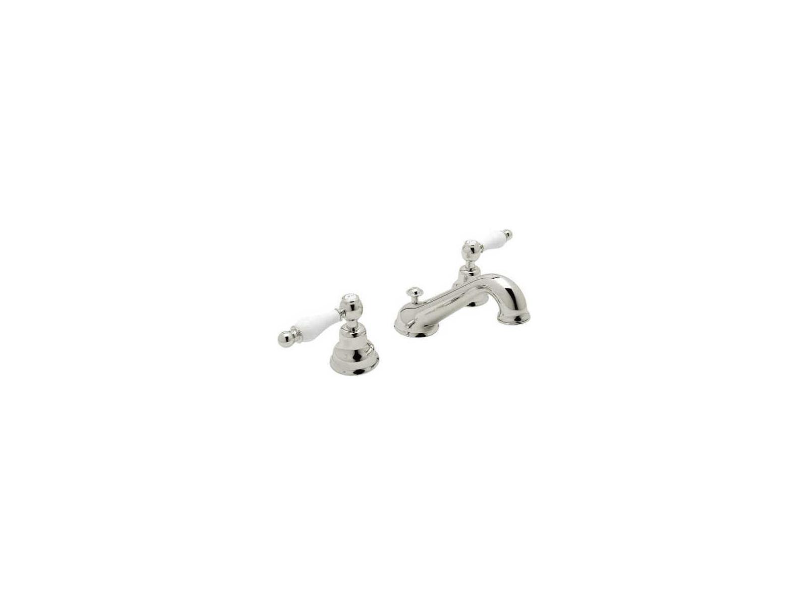 Rohl Arcana Polished Nickel C-Spout Widespread Lavatory Faucet with Ornate White Porcelain Lever Handles