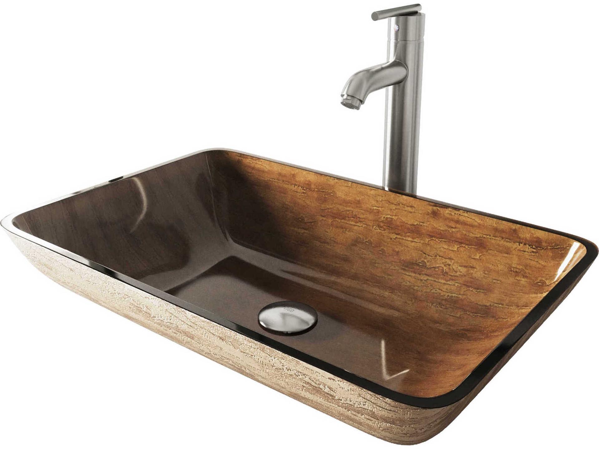 Vigo Amber Sunset Light Wood Brown 23" Rectangular Vessel Bathroom Sink with Brushed Nickel 1-Handle Seville Faucet and Drain