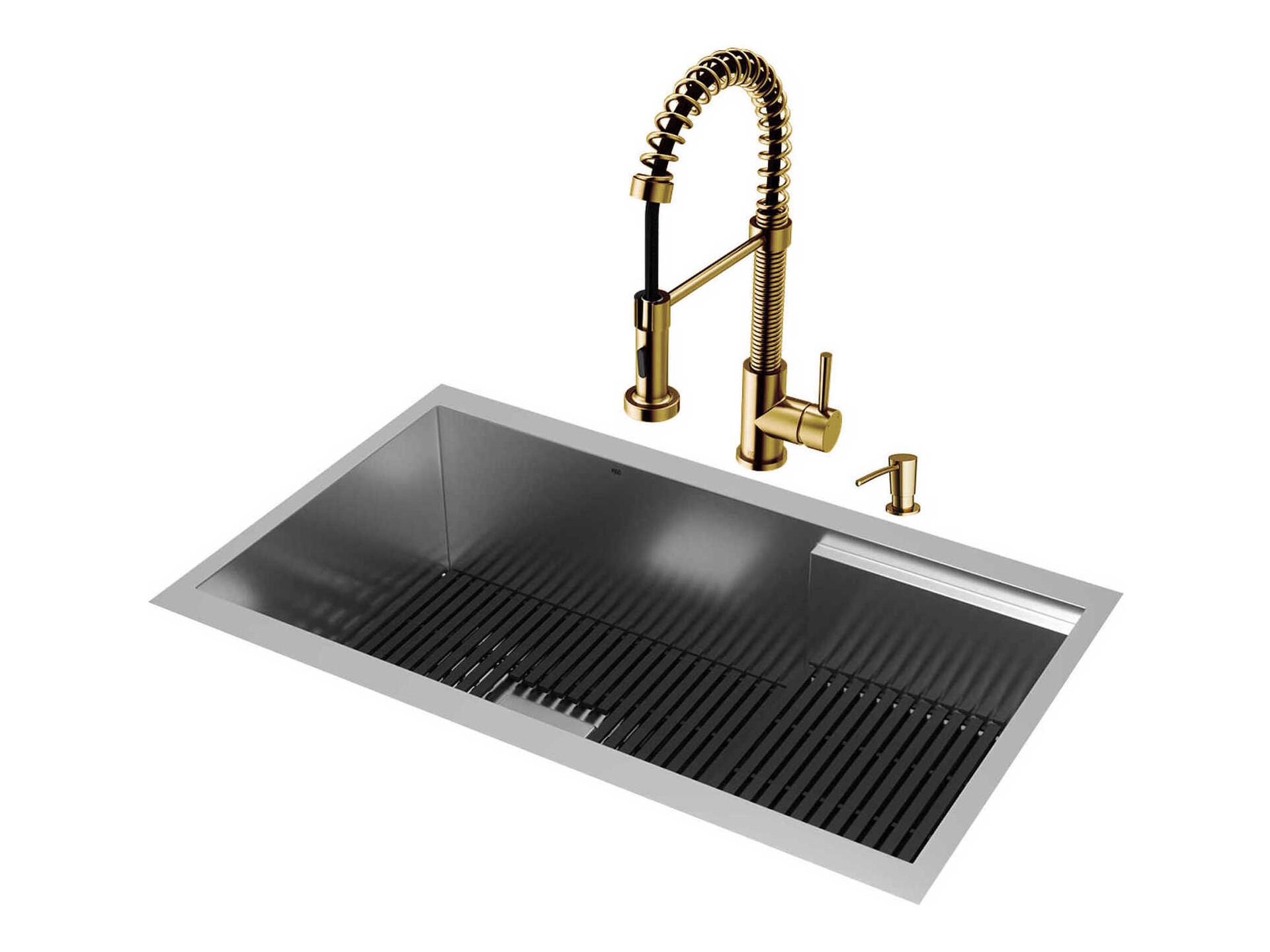 Vigo Hampton Stainless Steel Single Bowl Undermount Workstation Kitchen Sink with Matte Gold Faucet and Accessories