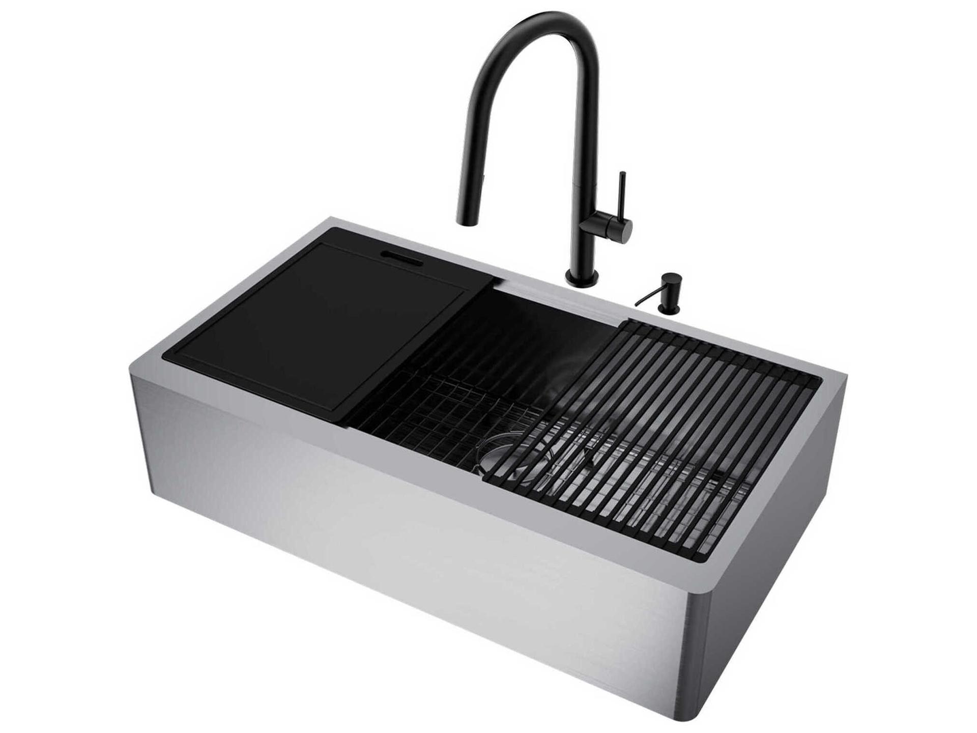 Vigo Oxford Stainless Steel 36" Rectangular Single-Bowl Undermount Flat-Front Farmhouse Kitchen Sink with Matte Black Pull-Down Sprayer Greenwich Faucet and Soap Dispenser