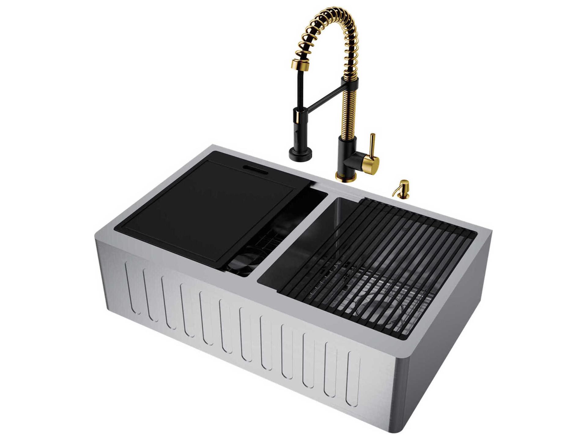 Vigo Oxford Stainless Steel 33" Rectangular Double-Bowl Farmhouse Kitchen Sink with Matte Gold / Matte Black Faucet