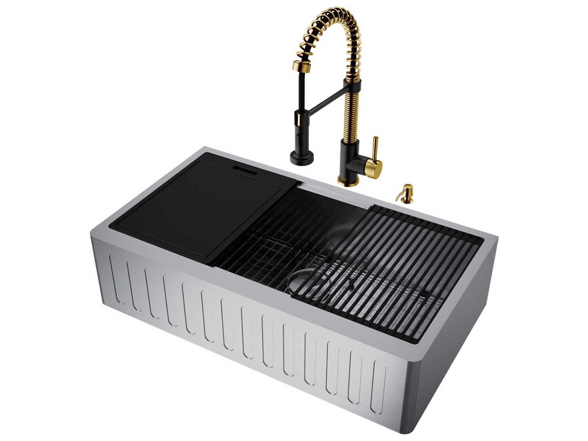 Vigo Oxford Stainless Steel 36" Rectangular Slotted-Front Farmhouse Kitchen Sink with Matte Gold / Matte Black Faucet